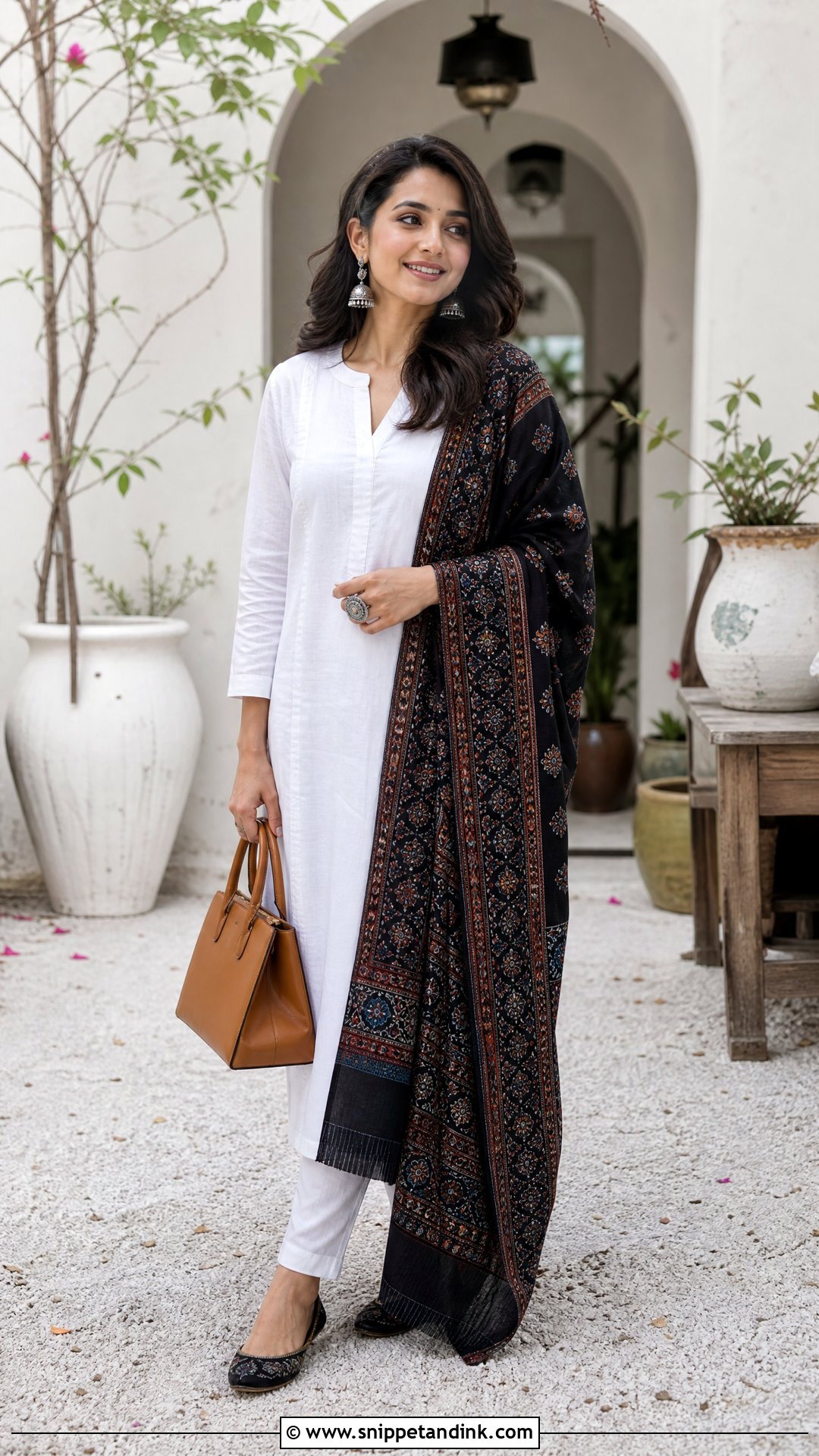 Plain White Suit with Black Ajrakh Dupatta - Snippet and Ink - 20 Plain White Suit with Colourful Dupatta Ideas