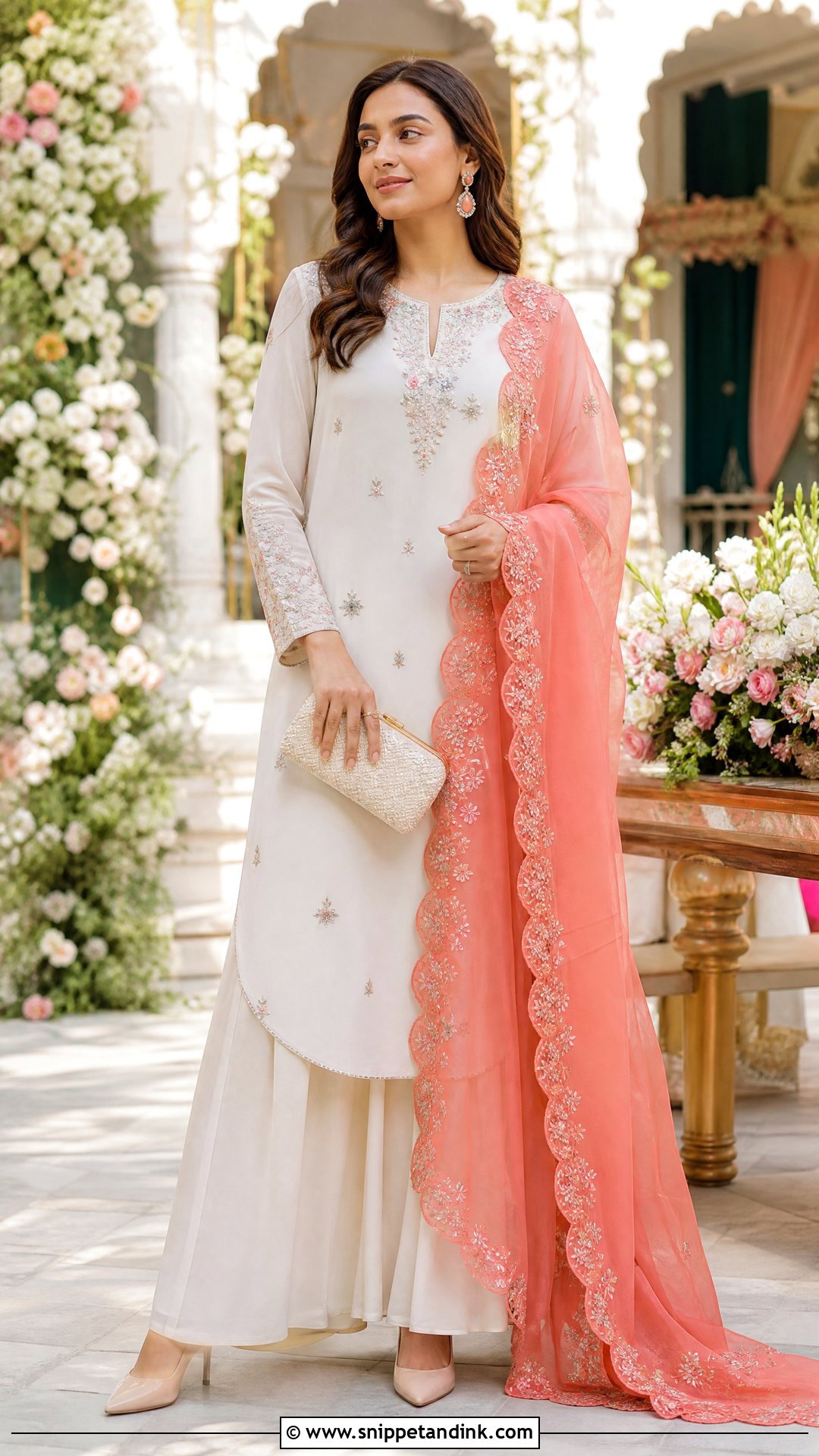 Plain White Suit with Coral Embroidered Dupatta - Snippet and Ink - 20 Plain White Suit with Colourful Dupatta Ideas
