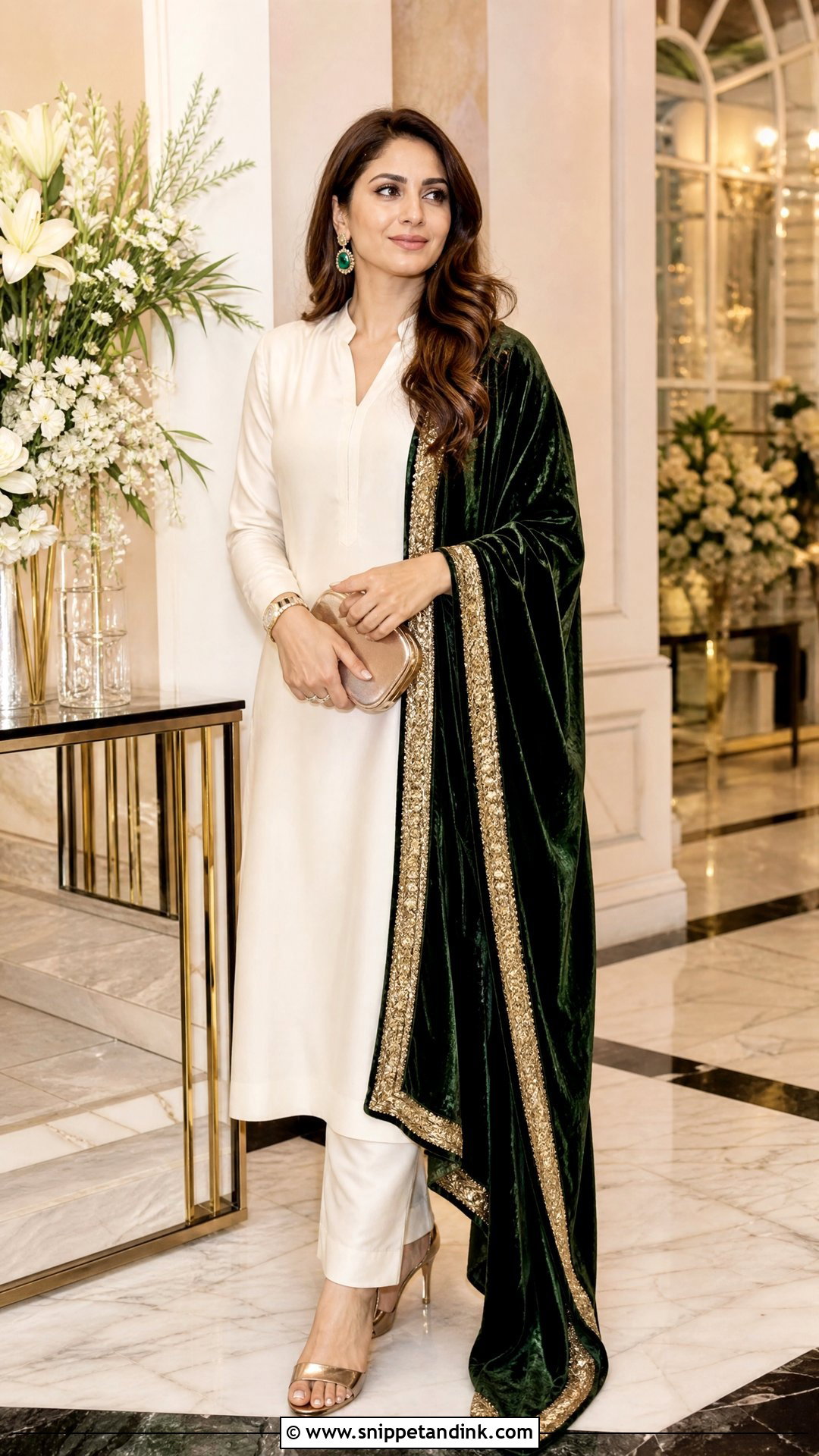 Plain White Suit with Emerald Velvet Dupatta - Snippet and Ink - 20 Plain White Suit with Colourful Dupatta Ideas