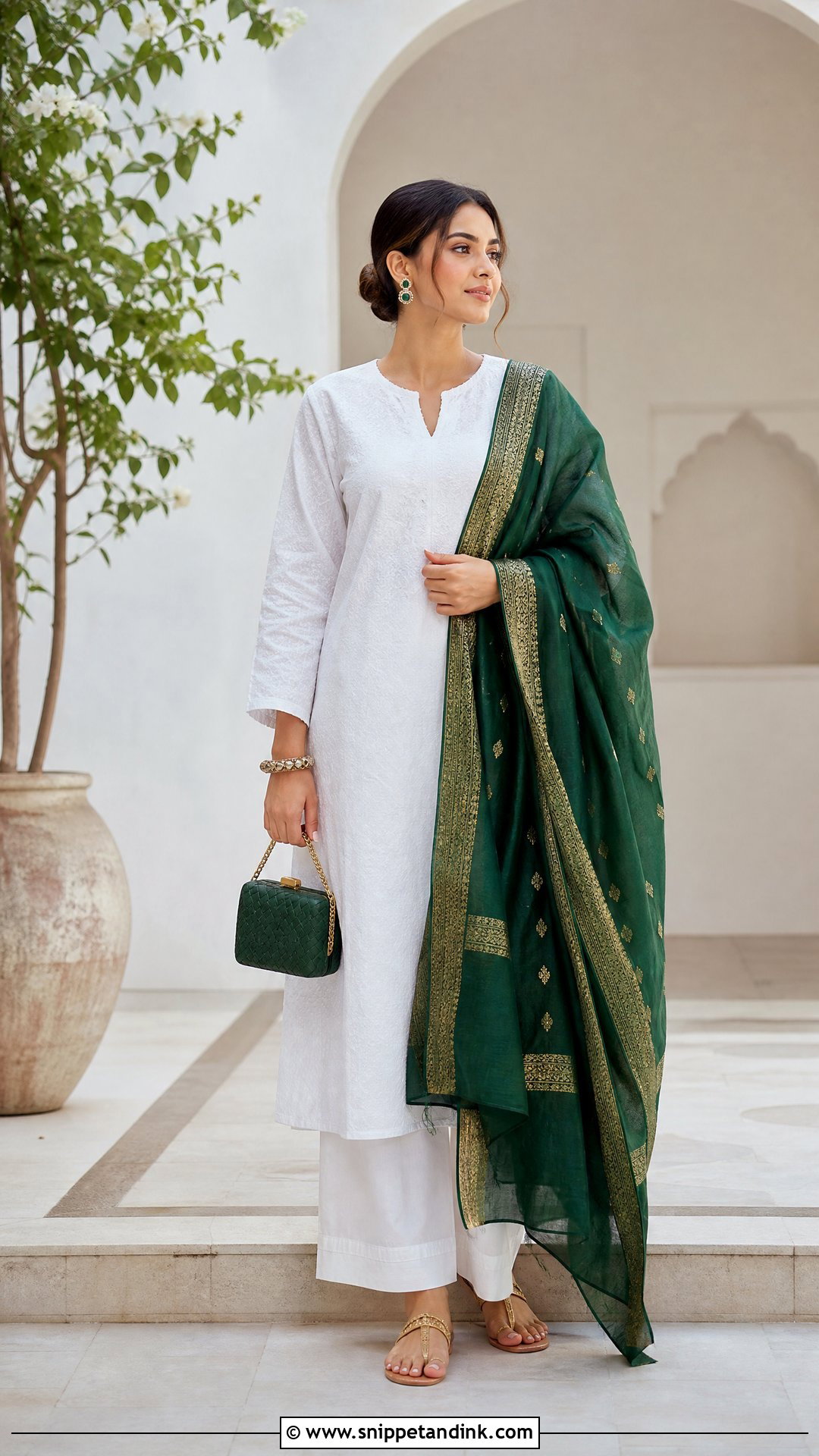 Plain White Suit with Green Chanderi Dupatta - Snippet and Ink - 20 Plain White Suit with Colourful Dupatta Ideas