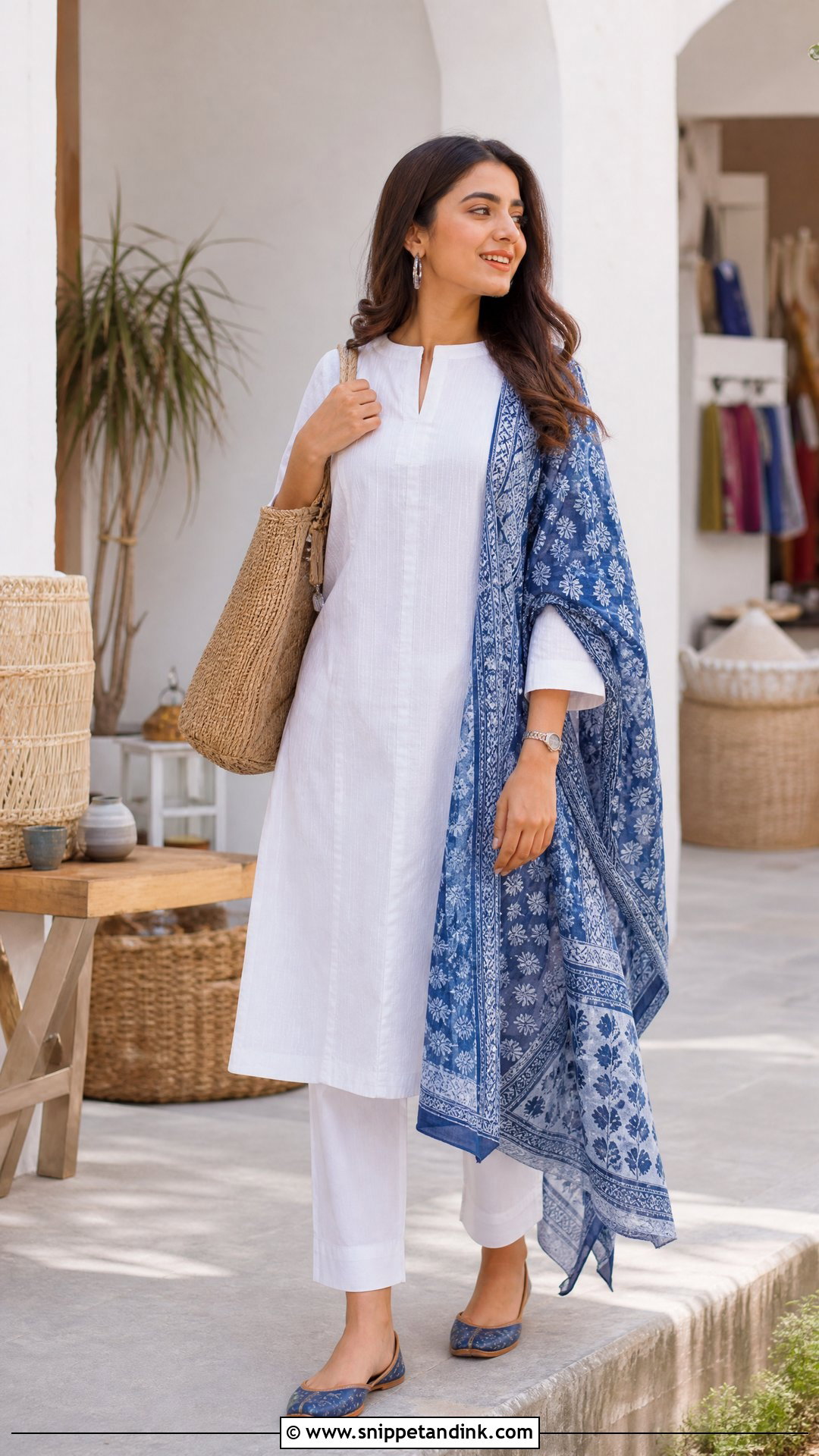 Plain White Suit with Indigo Block Print Dupatta - Snippet and Ink - 20 Plain White Suit with Colourful Dupatta Ideas