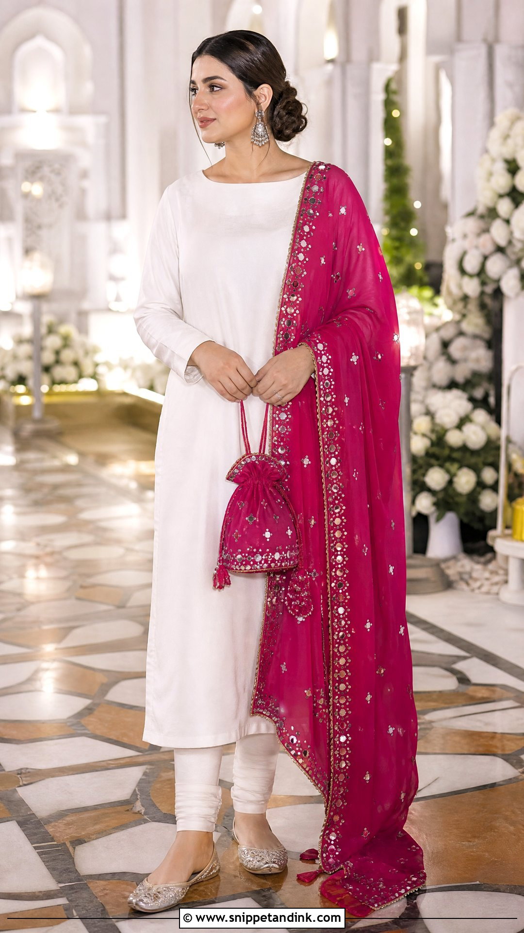 Plain White Suit with Magenta Mirror Work Dupatta - Snippet and Ink - 20 Plain White Suit with Colourful Dupatta Ideas
