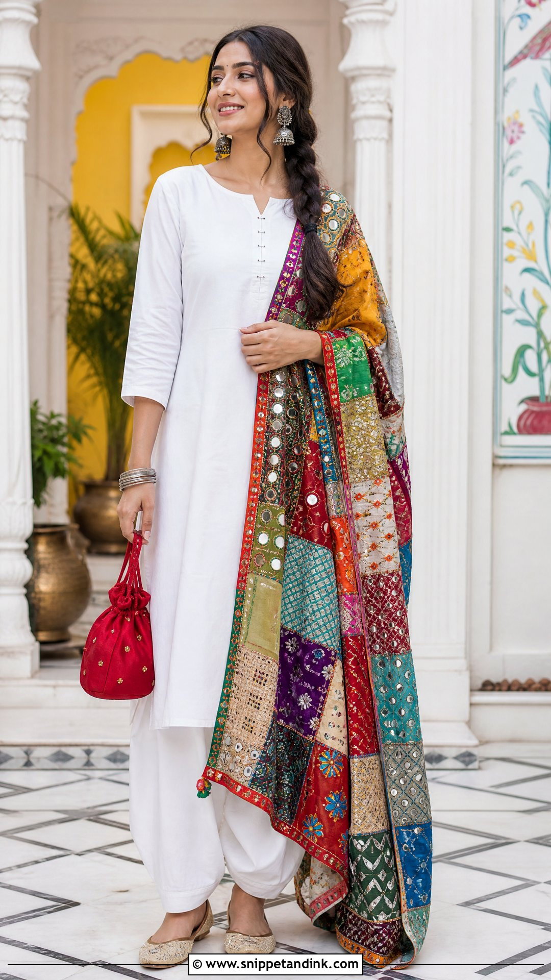 Plain White Suit with Multicolor Patchwork Dupatta - Snippet and Ink - 20 Plain White Suit with Colourful Dupatta Ideas