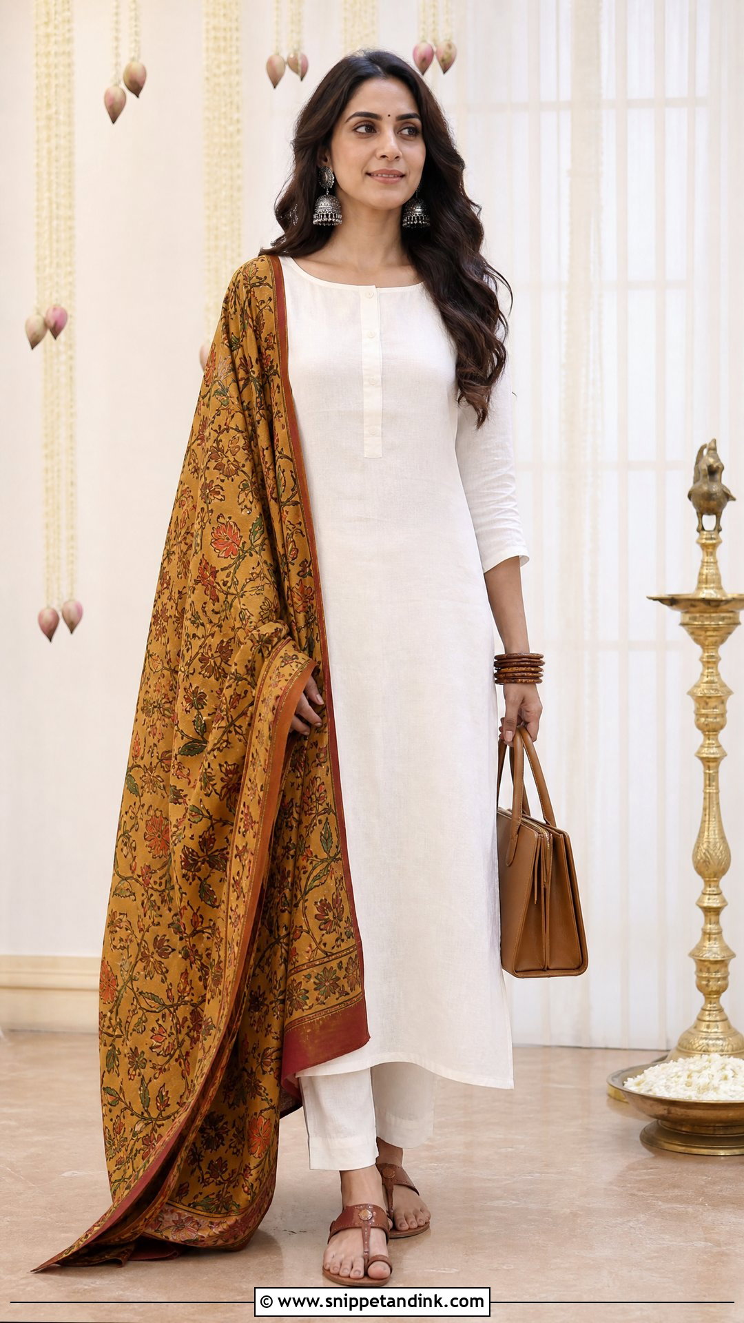 Plain White Suit with Mustard Kalamkari Dupatta - Snippet and Ink - 20 Plain White Suit with Colourful Dupatta Ideas