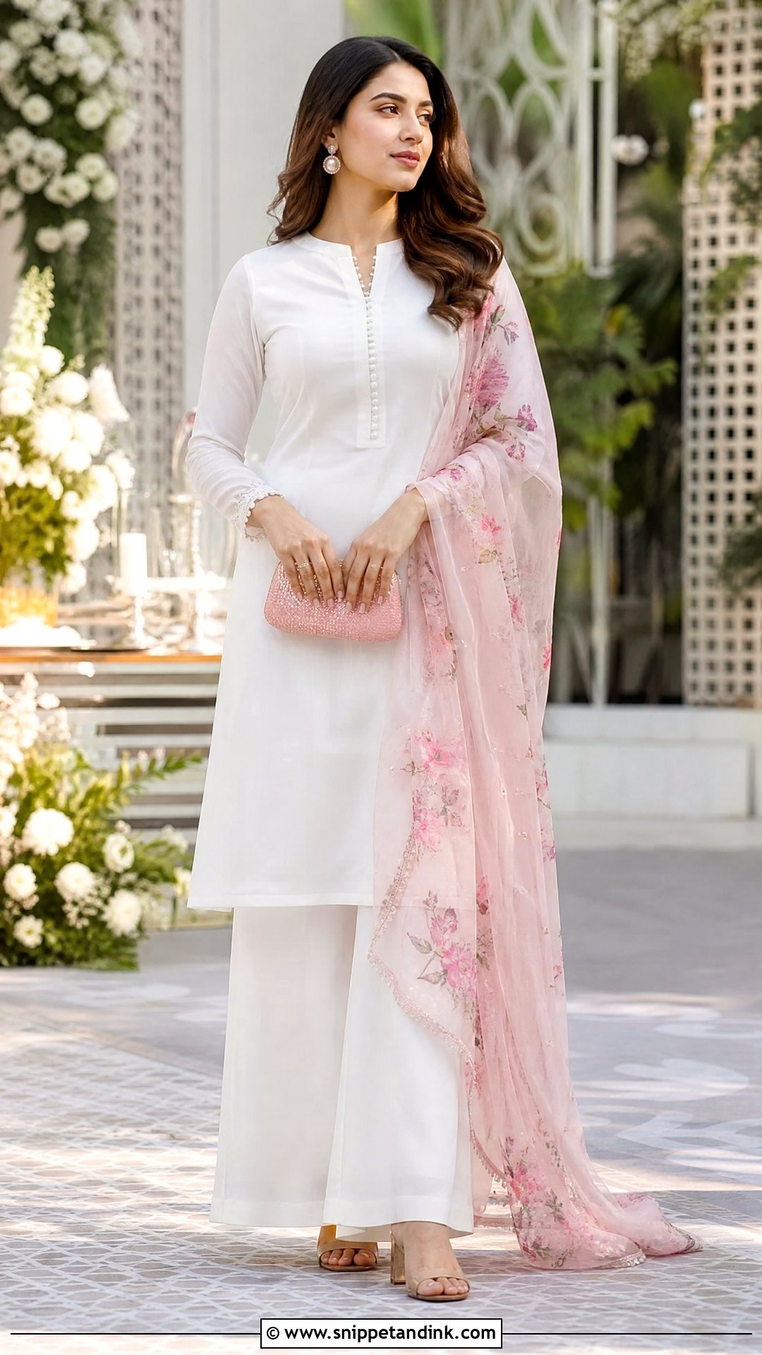 Plain White Suit with Pink Floral Organza Dupatta - Snippet and Ink - 20 Plain White Suit with Colourful Dupatta Ideas