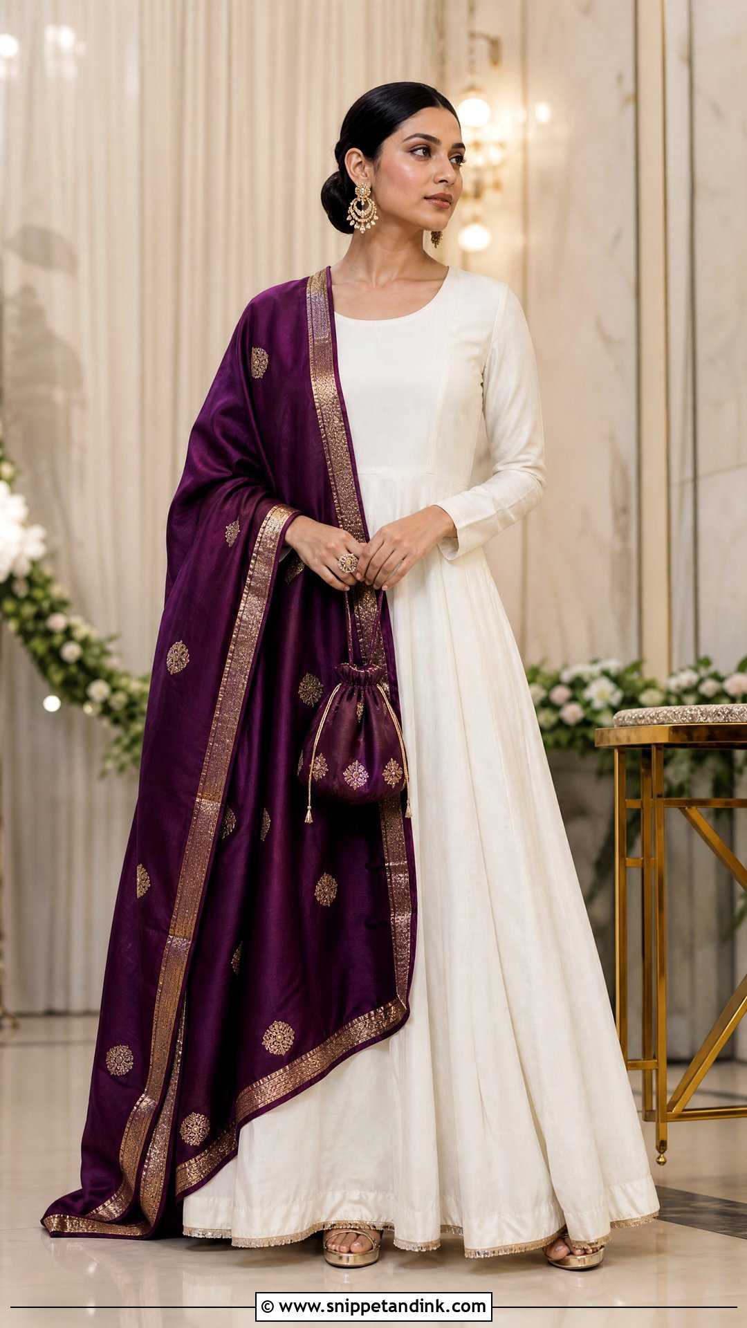 Plain White Suit with Purple Silk Dupatta - Snippet and Ink - 20 Plain White Suit with Colourful Dupatta Ideas
