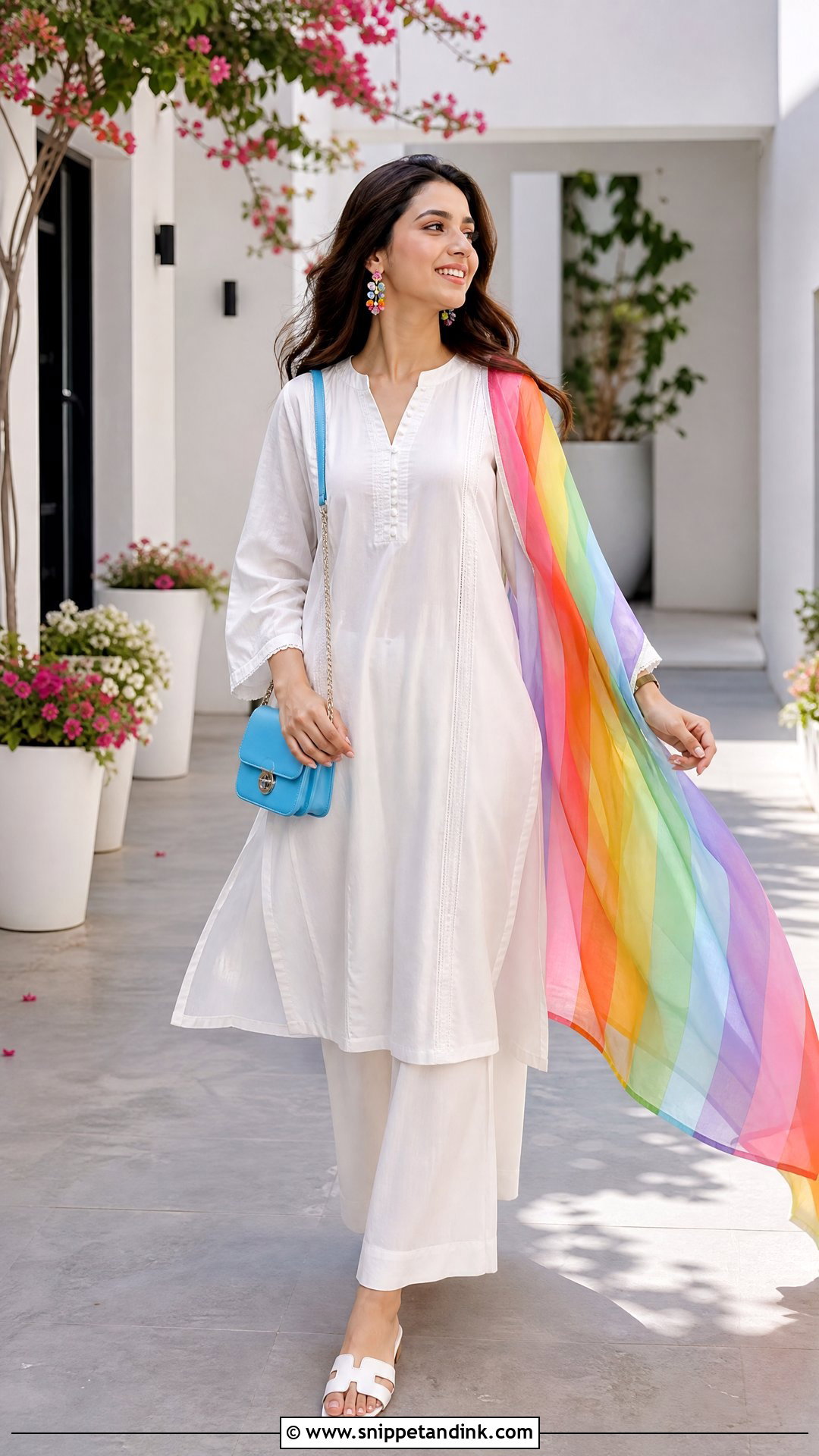 Plain White Suit with Rainbow Striped Dupatta - Snippet and Ink - 20 Plain White Suit with Colourful Dupatta Ideas
