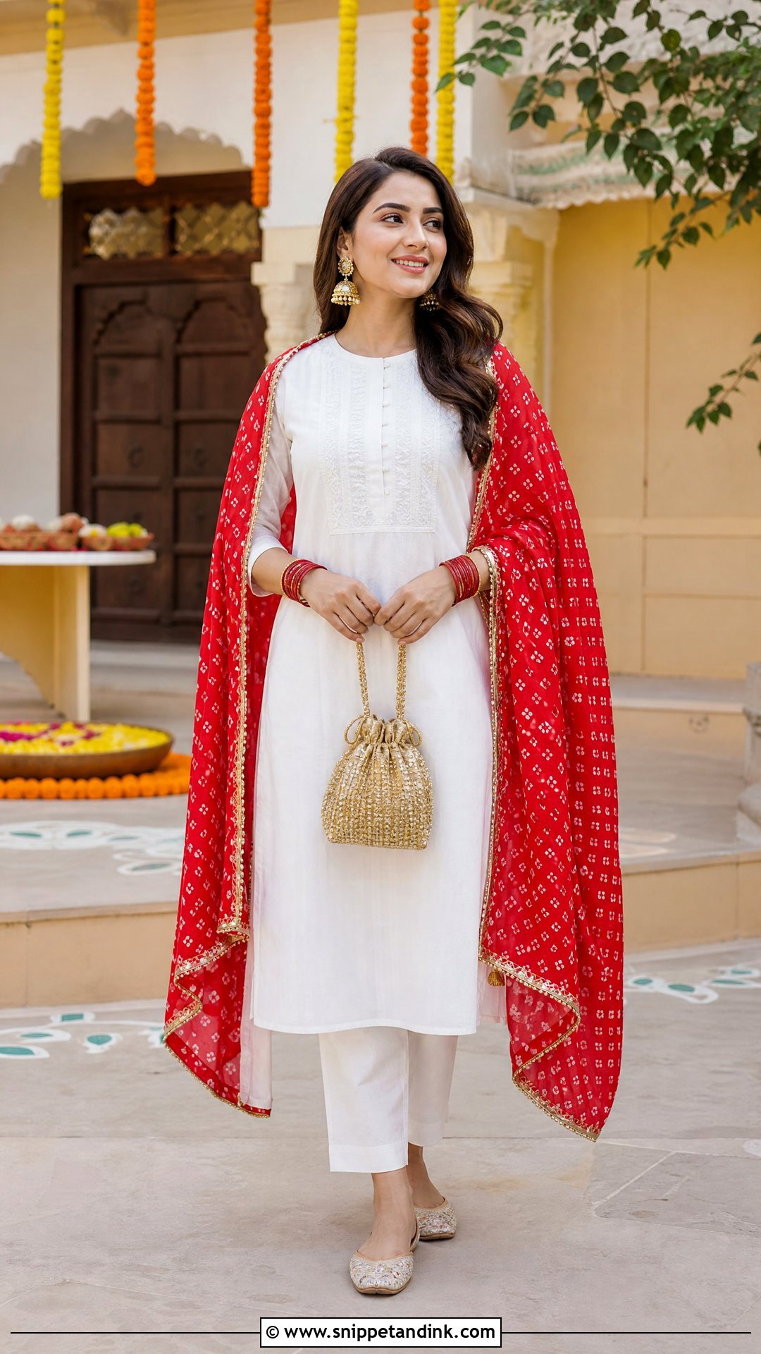 Plain White Suit with Red Bandhani Dupatta - Snippet and Ink - 20 Plain White Suit with Colourful Dupatta Ideas