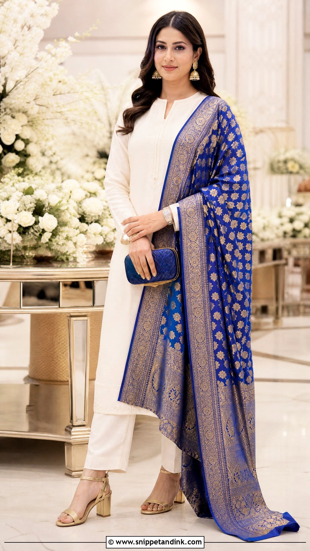 Plain White Suit with Royal Blue Banarasi Dupatta - Snippet and Ink - 20 Plain White Suit with Colourful Dupatta Ideas