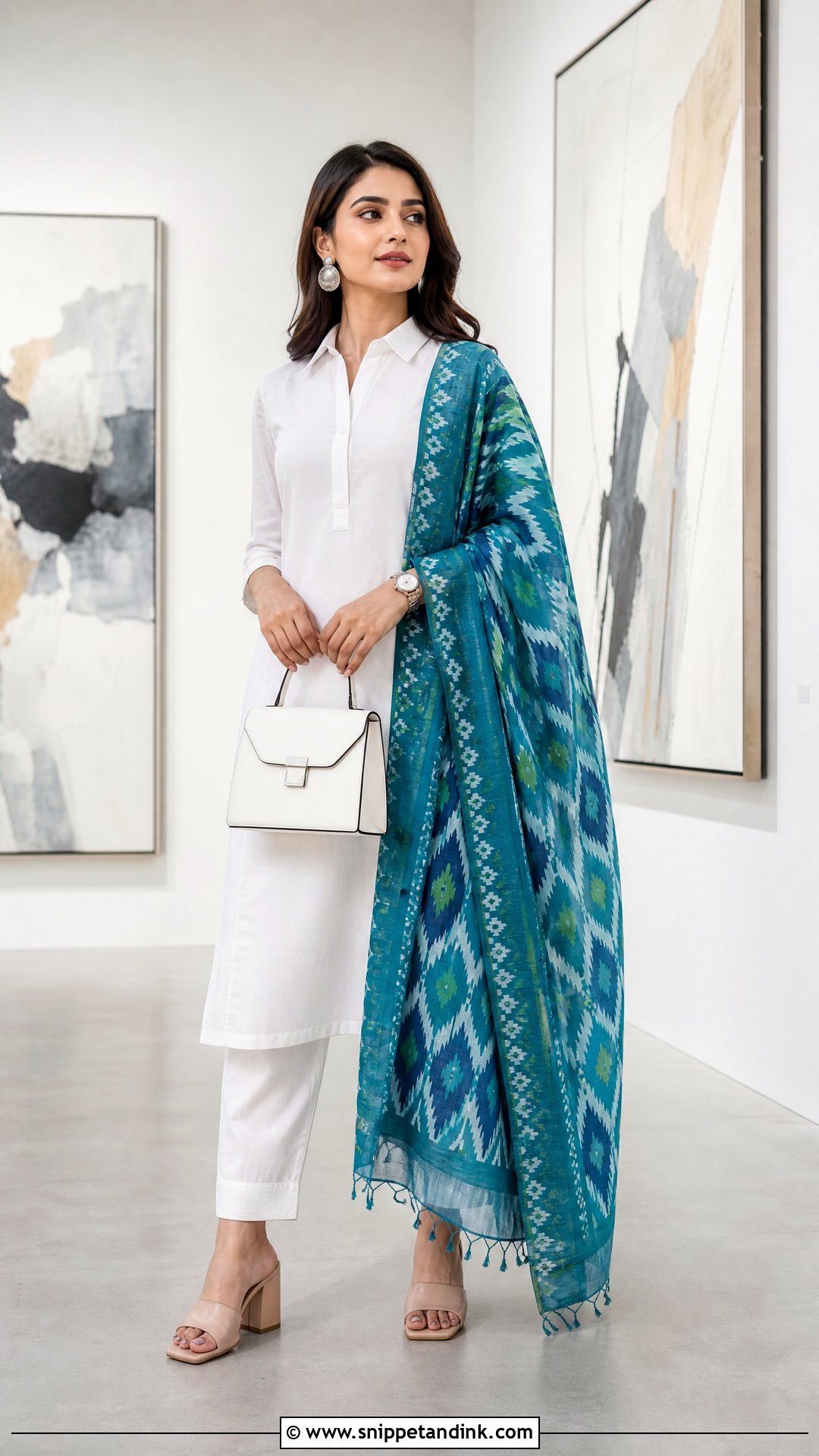 Plain White Suit with Teal Ikat Dupatta - Snippet and Ink - 20 Plain White Suit with Colourful Dupatta Ideas