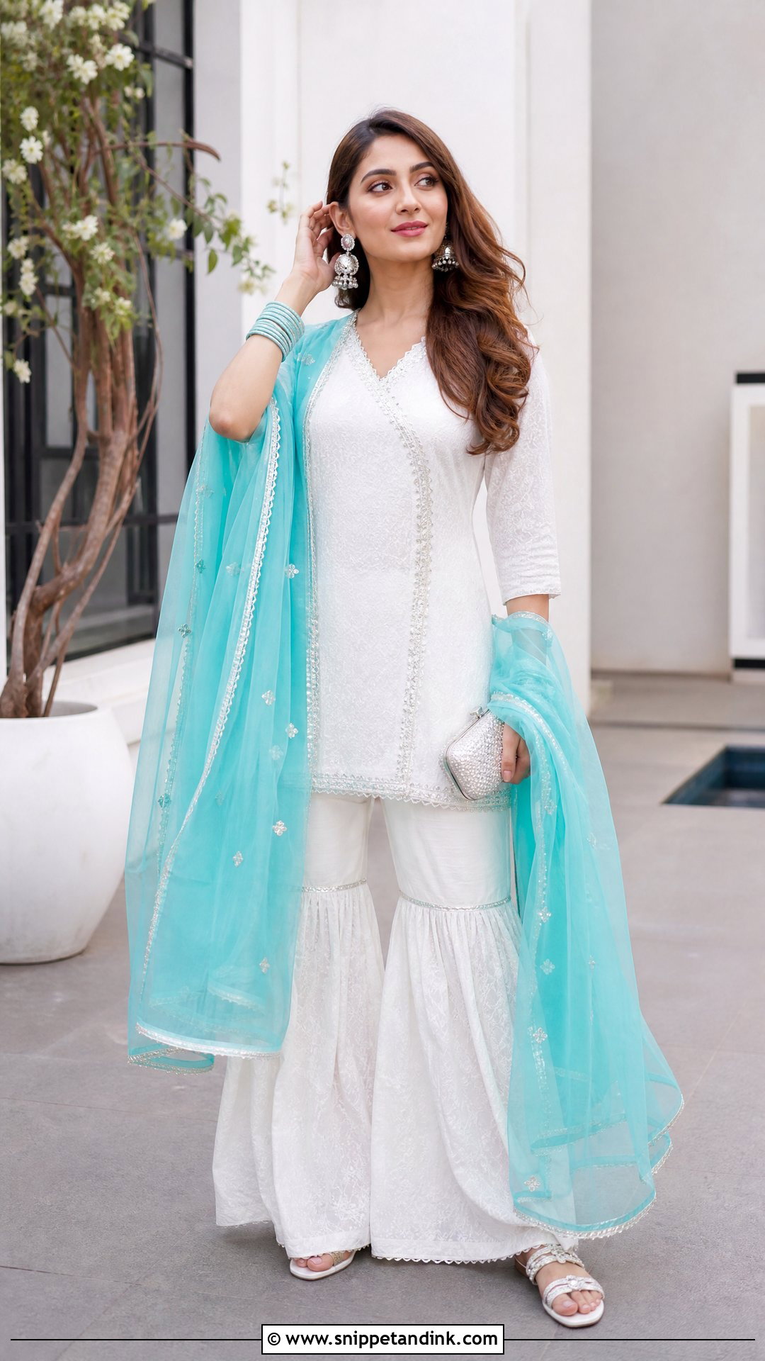 Plain White Suit with Turquoise Chiffon Dupatta - Snippet and Ink - 20 Plain White Suit with Colourful Dupatta Ideas
