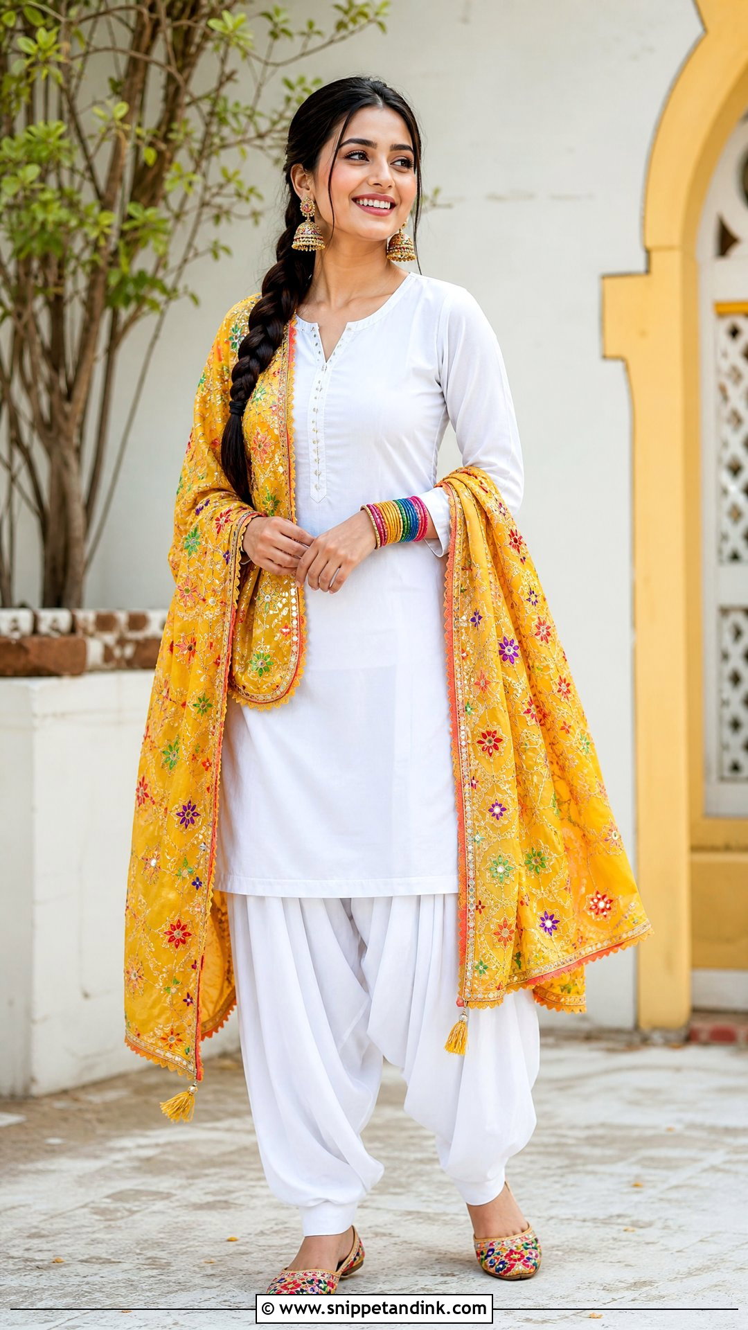 Plain White Suit with Yellow Phulkari Dupatta - Snippet and Ink - 20 Plain White Suit with Colourful Dupatta Ideas