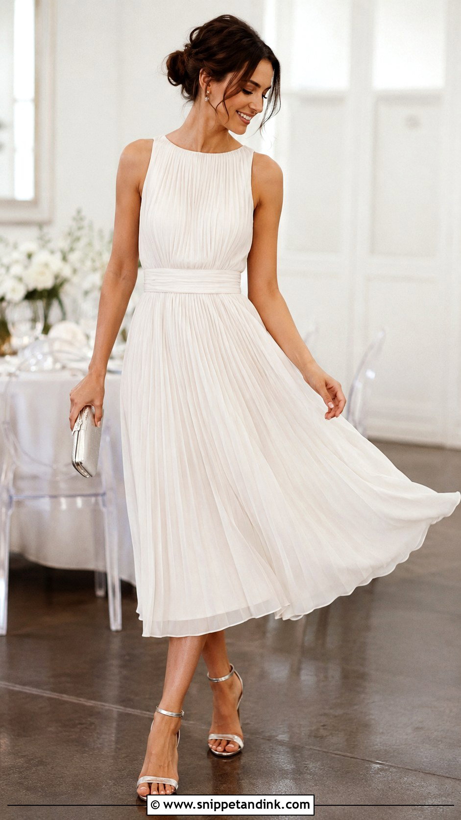 Pleated Bridal Cocktail Dress With Ankle Strap Heels - Snippet and Ink - 20 Bridal Cocktail Dress Ideas