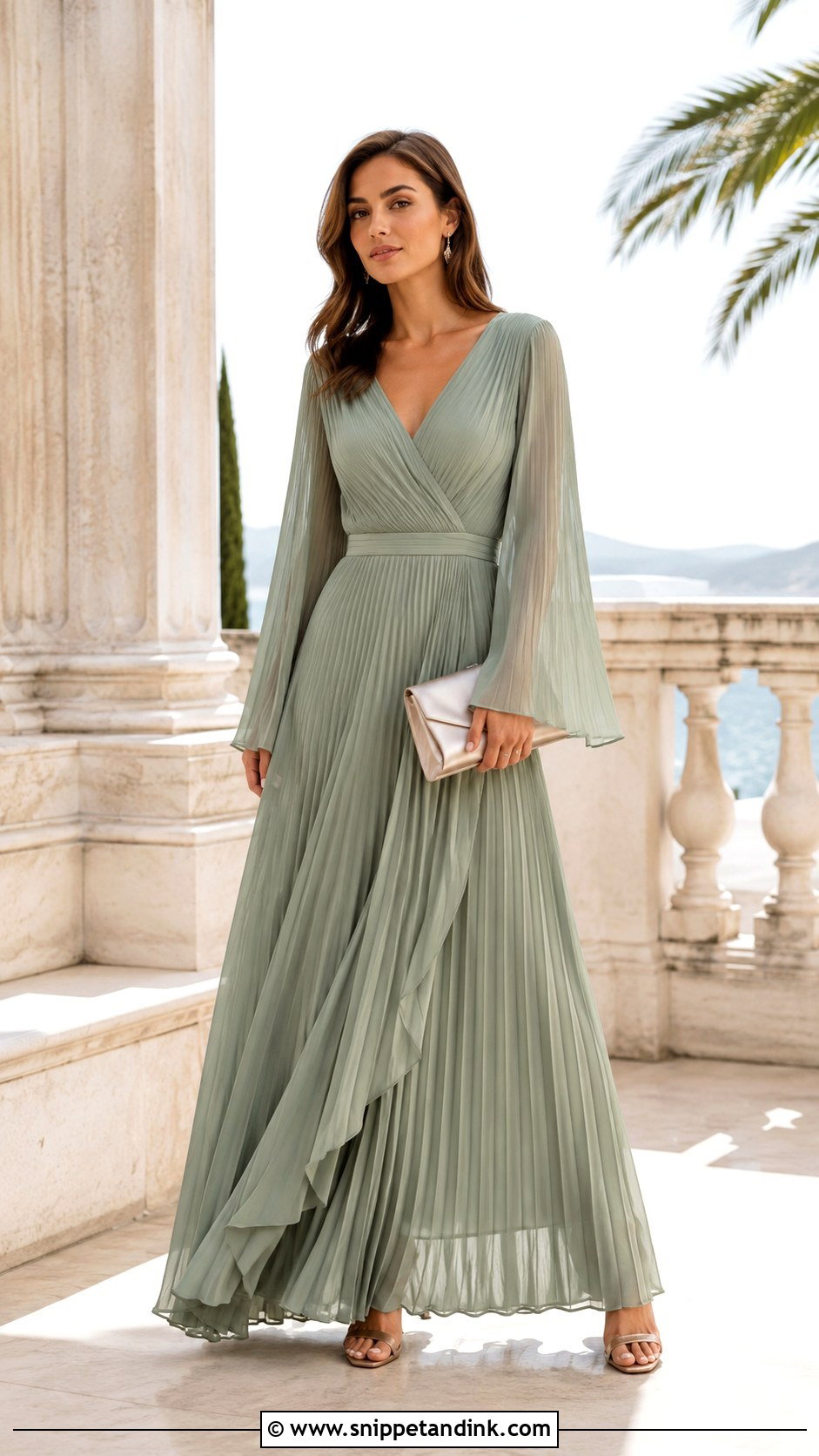 Pleated Chiffon Bell Sleeve Gown - Snippet and Ink - 20 Bell Sleeve Gown Ideas