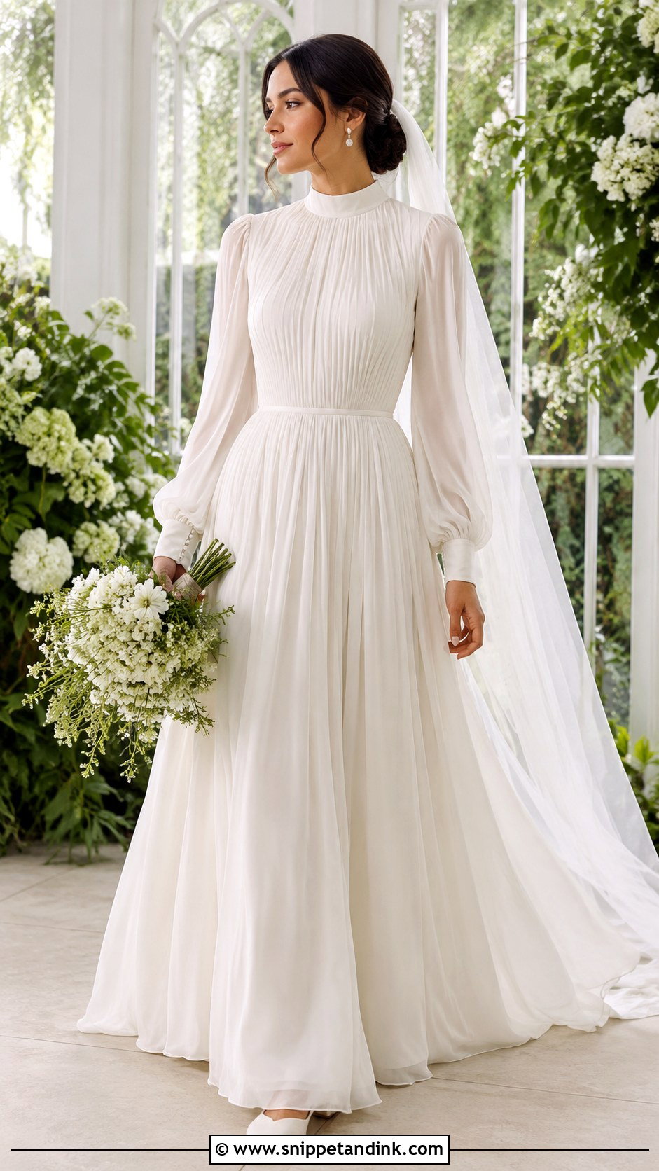 Pleated Chiffon Long Sleeve Wedding Dress - Snippet and Ink - 20 Modest Long Sleeve Wedding Dresses