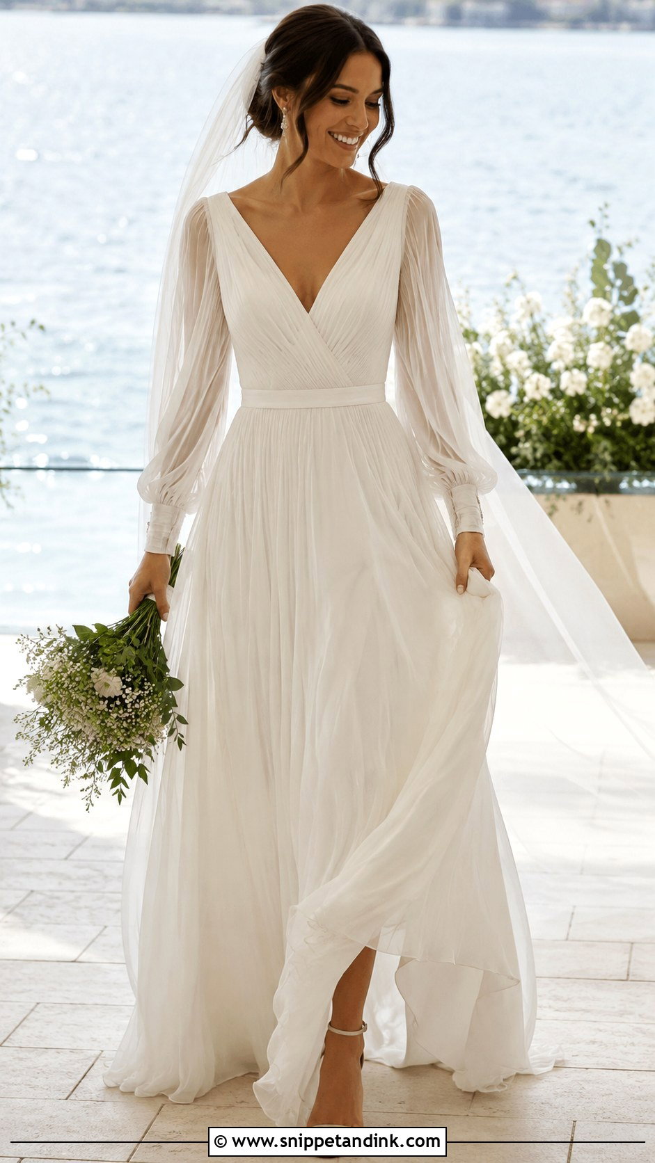 Pleated Chiffon Long Sleeve Wedding Dress - Snippet and Ink - 20 Long Sleeve Flowy Wedding Dress Ideas
