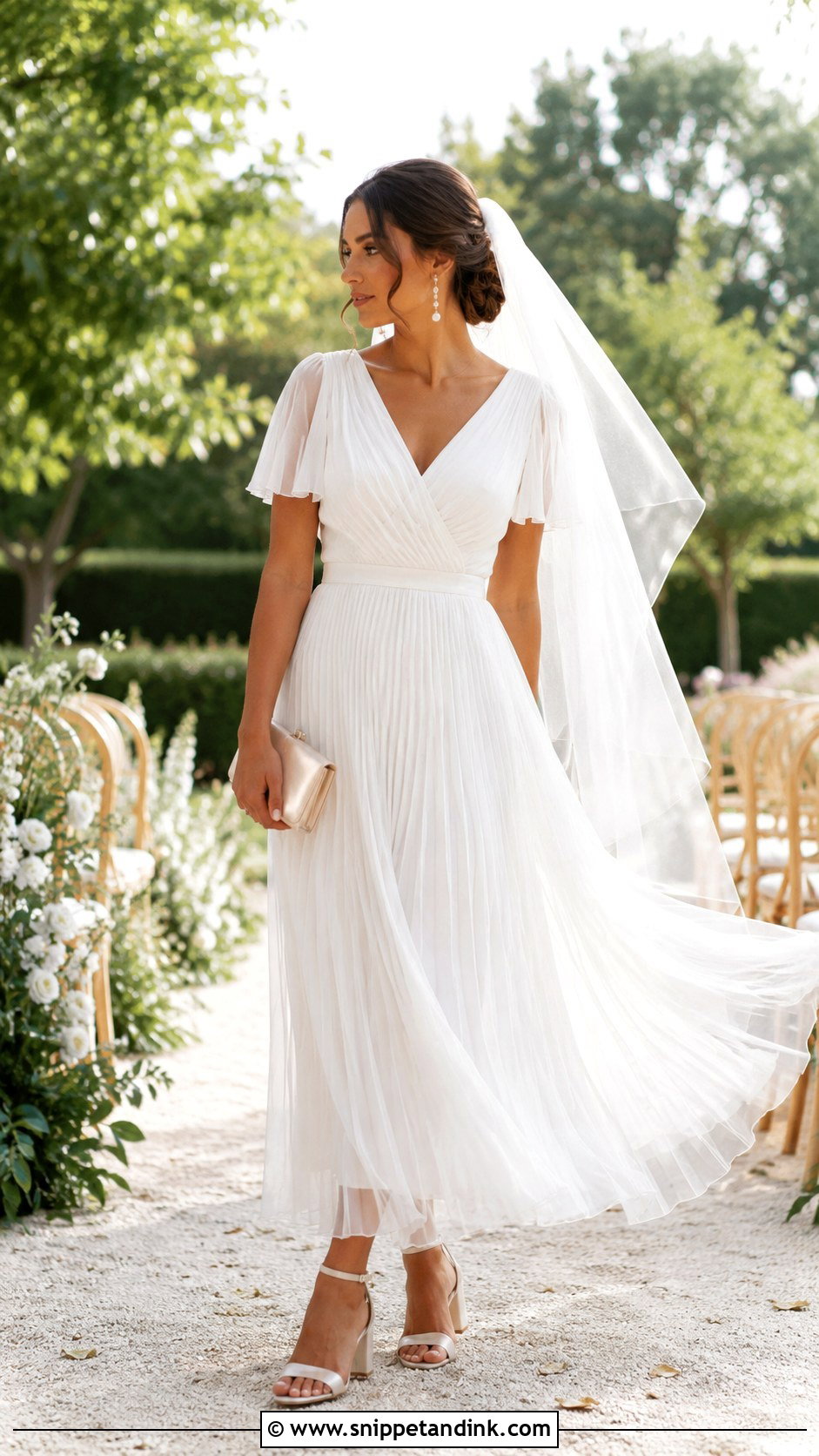 Pleated Chiffon Midi Wedding Dress - Snippet and Ink - 20 Elegant Midi Wedding Dress Ideas