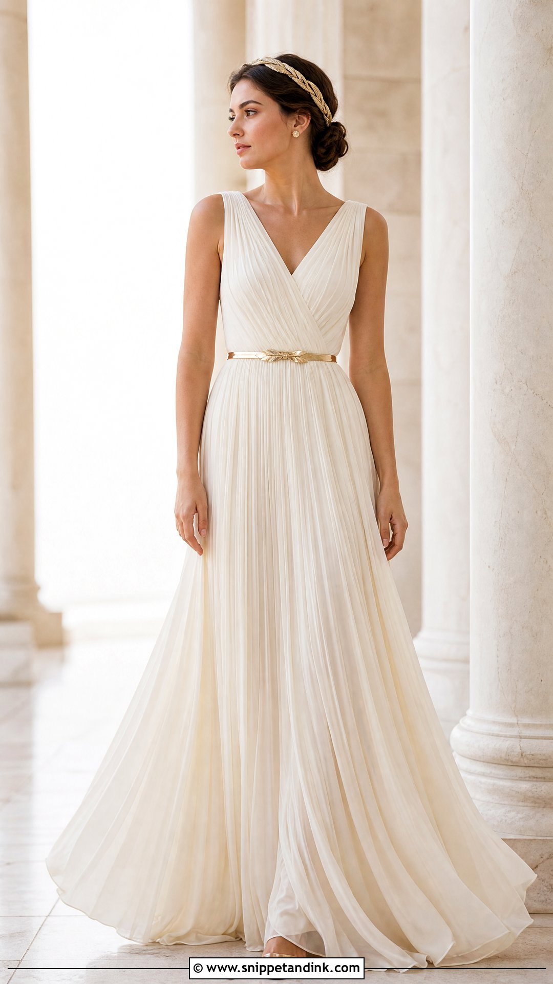 Pleated Chiton Wedding Dress With a Gold Waist Belt - Snippet and Ink - 25 Ancient Greek Wedding Dress Ideas