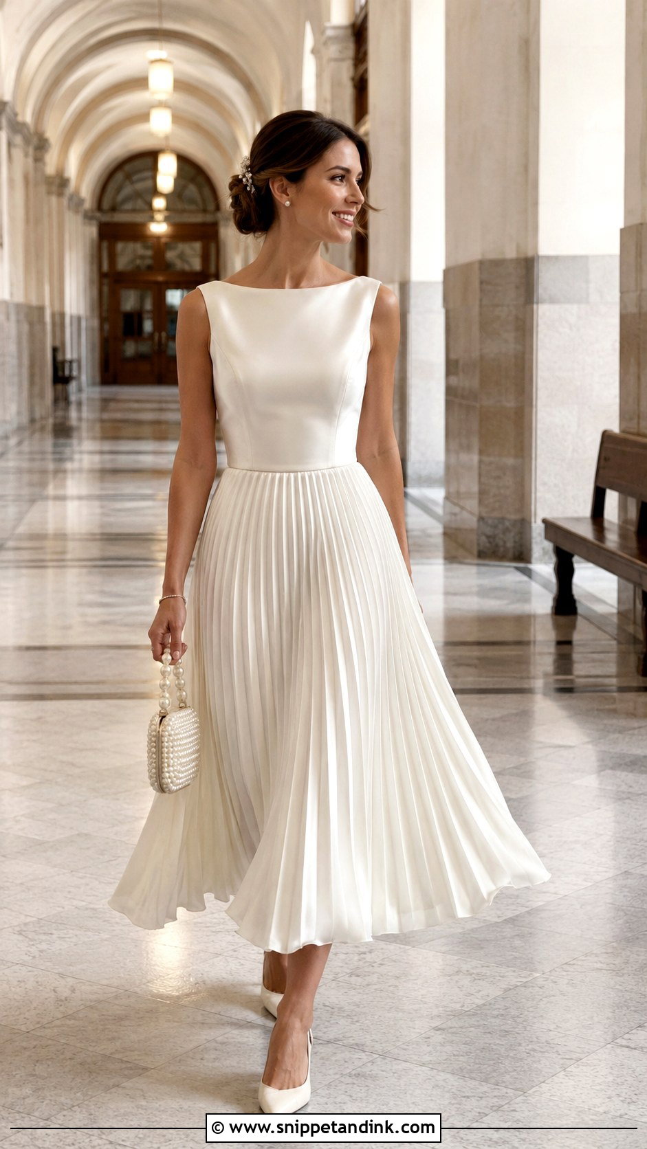 Pleated City Wedding Dress With Pearl Accessories - Snippet and Ink - 20 City Wedding Dress Ideas