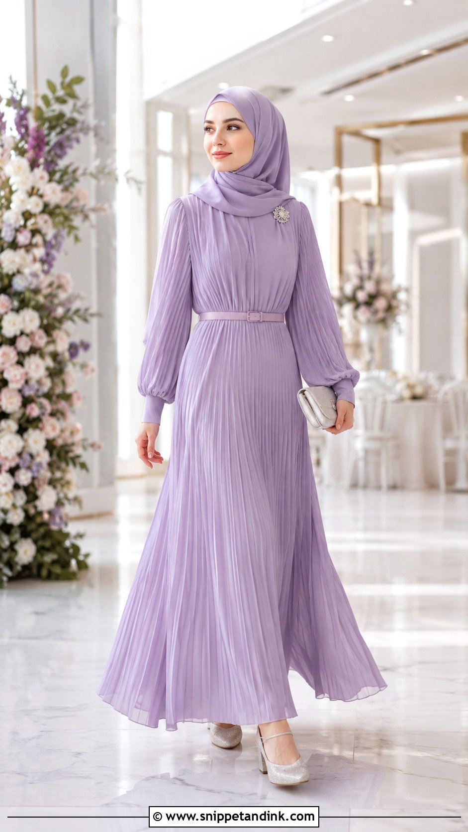 Pleated Dress And Chiffon Hijab Wedding Outfit - Snippet and Ink - 20 Hijab Outfit Wedding Ideas