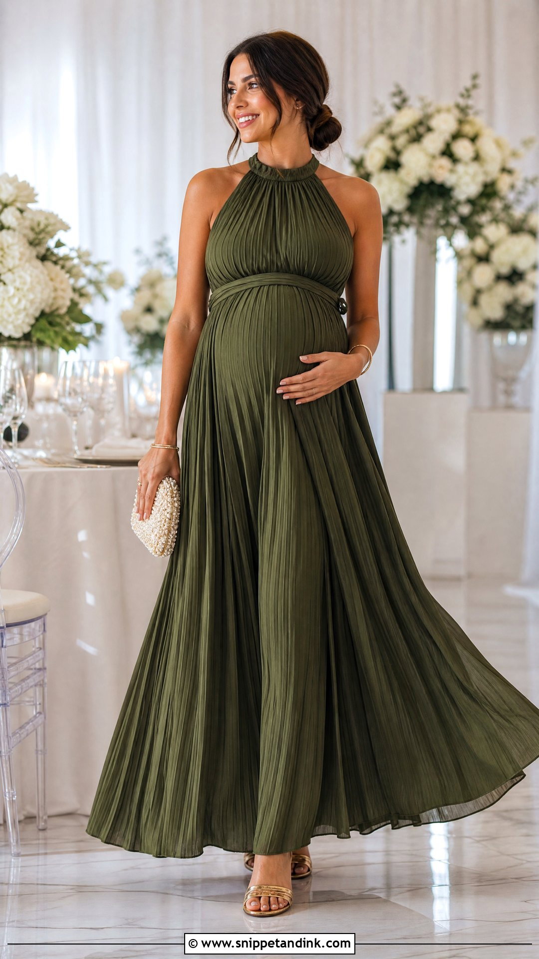 Pleated Halter Maternity Maxi Dress Outfit - Snippet and Ink - 20 Pregnancy Outfits for Wedding