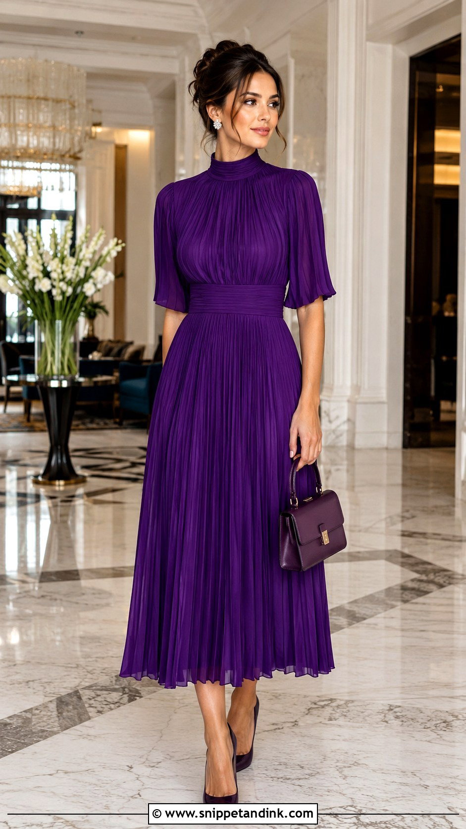 Pleated High Neck Midi Dress for Wedding - Snippet and Ink - 20 Modest Dresses for Wedding