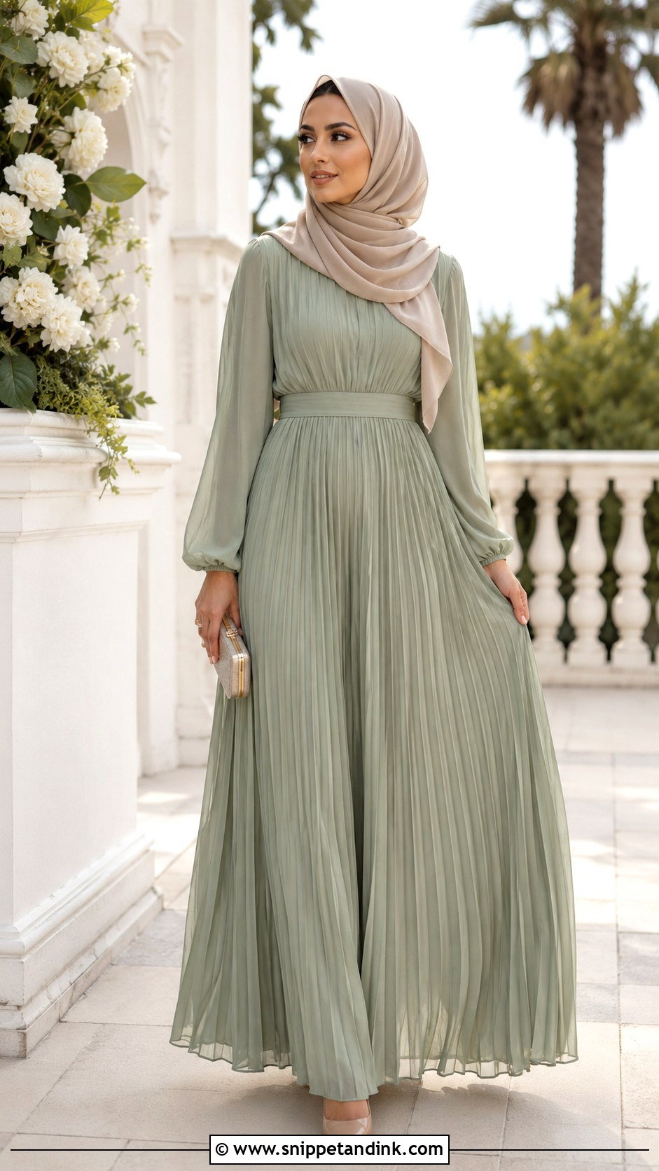 Pleated Maxi Dress With Neutral Hijab - Snippet and Ink - 30 Hijab Style for Wedding Ideas