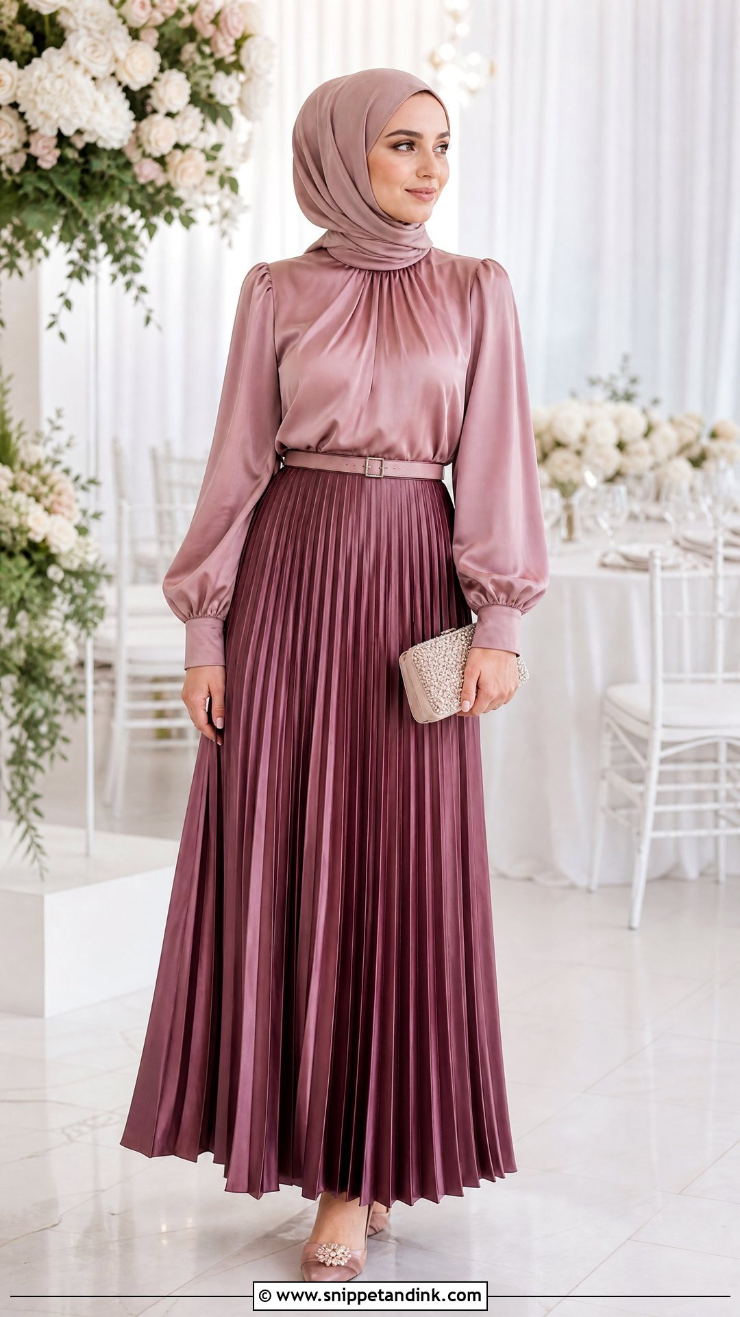 Pleated Maxi Skirt Wedding Outfit With Hijab - Snippet and Ink - 20 Hijabi Wedding Outfit Ideas