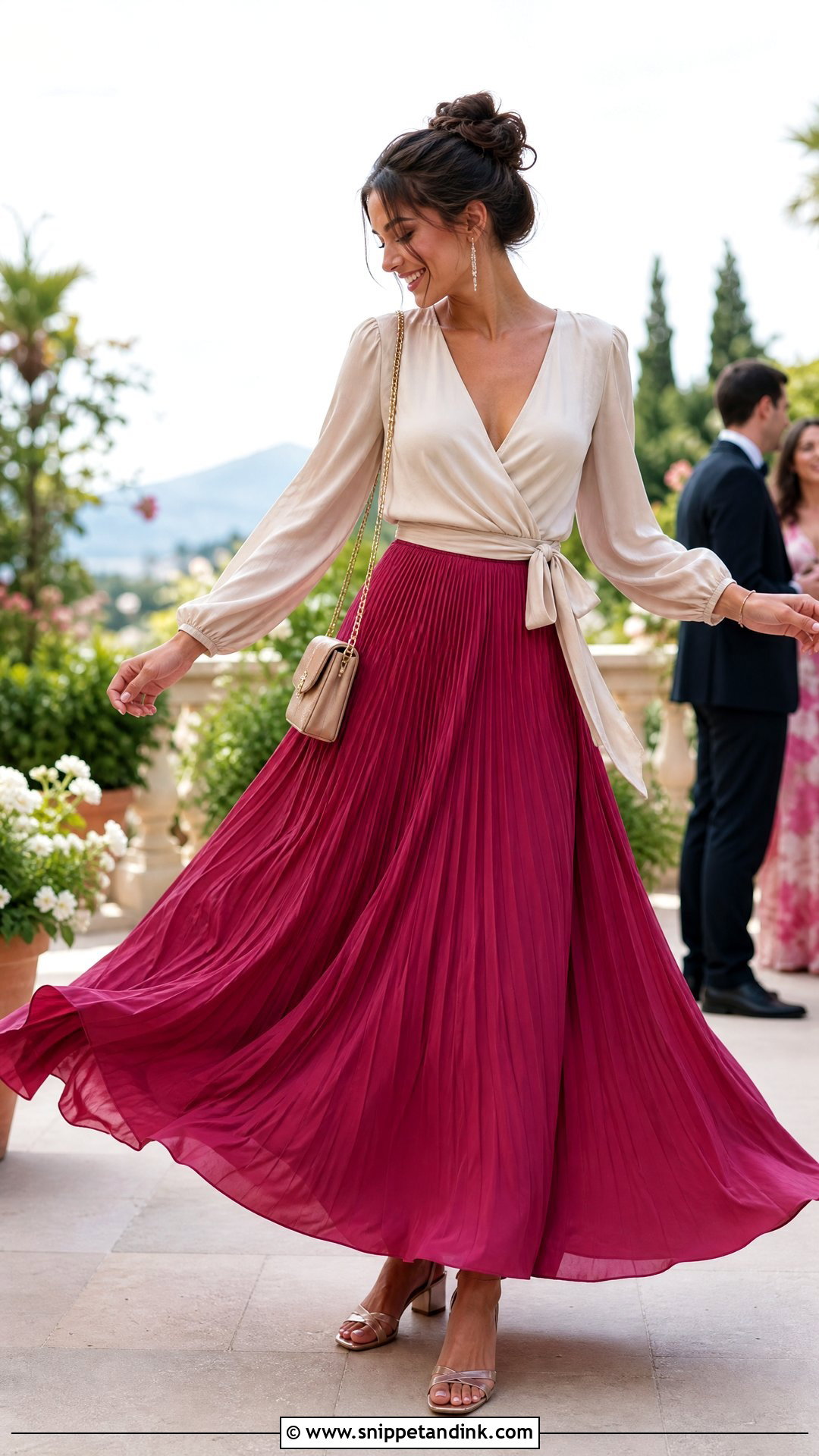 Pleated Maxi Skirt and Wrap Top Wedding Outfit - Snippet and Ink - 20 Skirt and Top Wedding Outfits