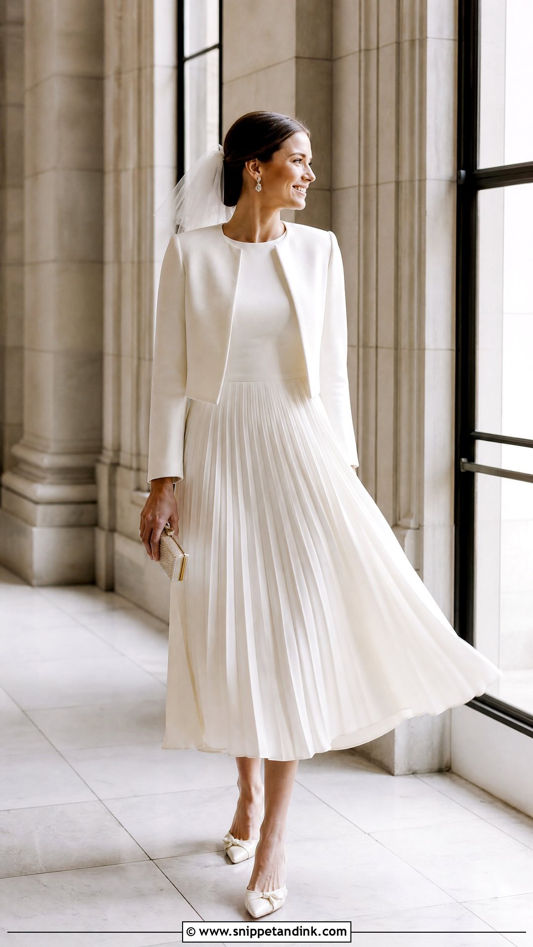 Pleated Midi Civil Wedding Dress With Jacket - Snippet and Ink - 20 Winter Civil Wedding Dress Ideas