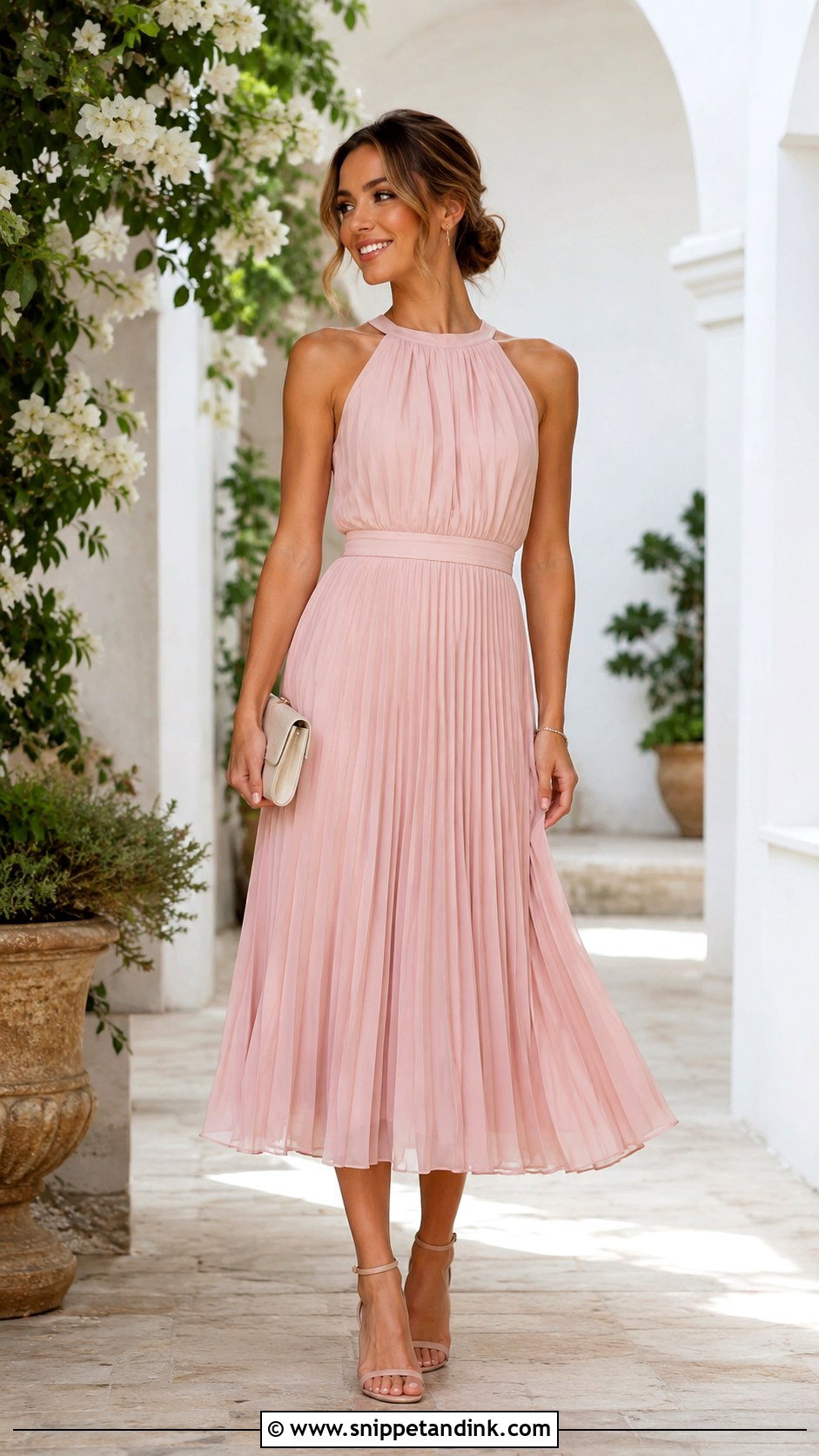 Pleated Midi Dress Wedding Guest Outfit - Snippet and Ink - 25 Summer Wedding Outfit Ideas