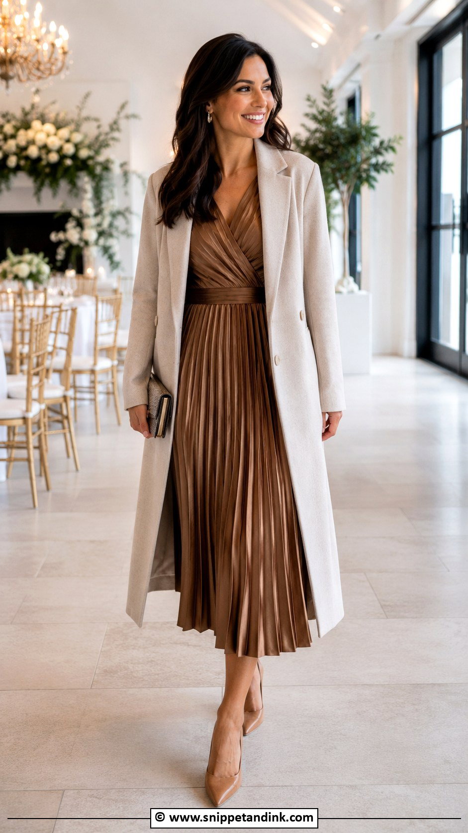 Pleated Midi Dress With Wool Coat - Snippet and Ink - 35 Winter Wedding Dress Ideas