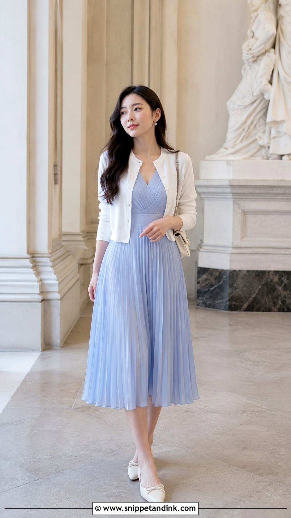 Pleated Midi Honeymoon Dress With Pointed Flats - Snippet and Ink - 20 Hanimoon Dress for Women Ideas