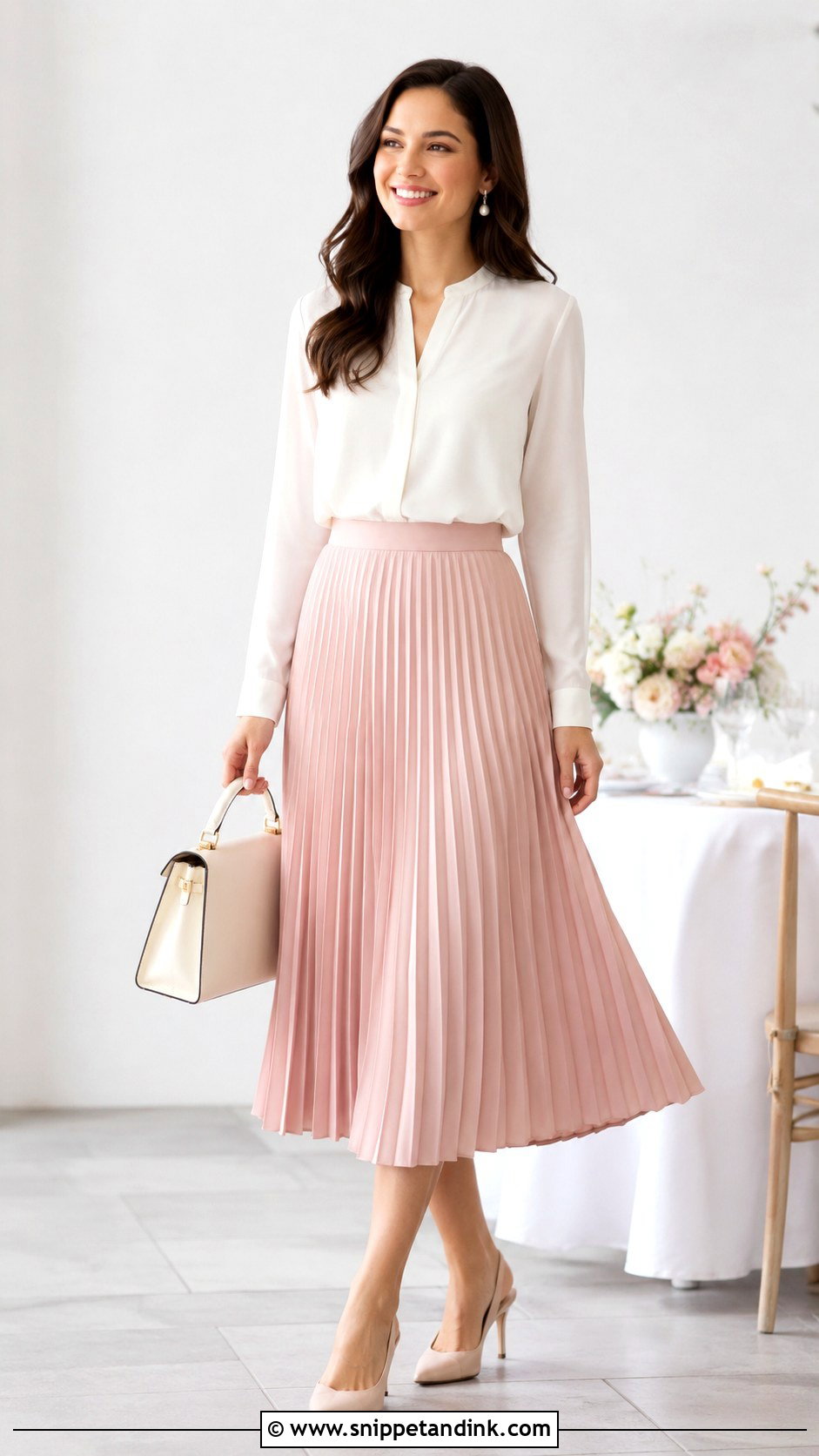Pleated Midi Skirt Wedding Brunch Outfit - Snippet and Ink - 25 Wedding Brunch Outfit Ideas