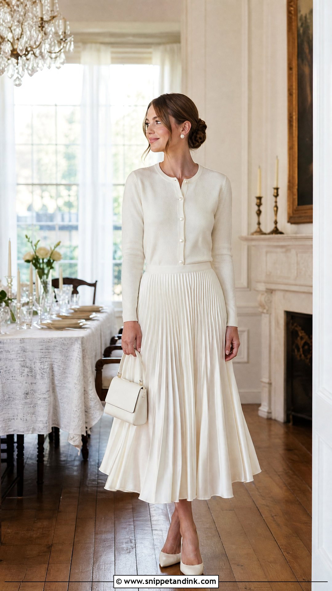 Pleated Midi Skirt and Bridal Cardigan for Winter Rehearsal Dinner - Snippet and Ink - 20 Winter Rehearsal Dinner Outfit for Bride Ideas