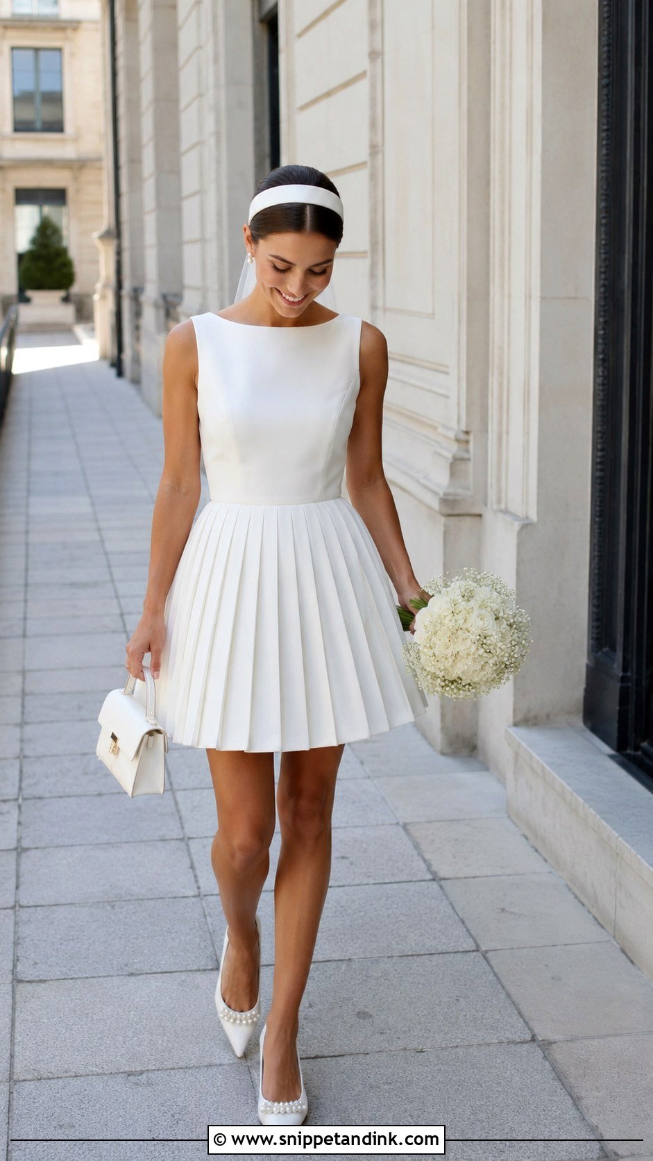 Pleated Mini Wedding Dress With Pearl Flats - Snippet and Ink - 30 Mini Wedding Dress Ideas