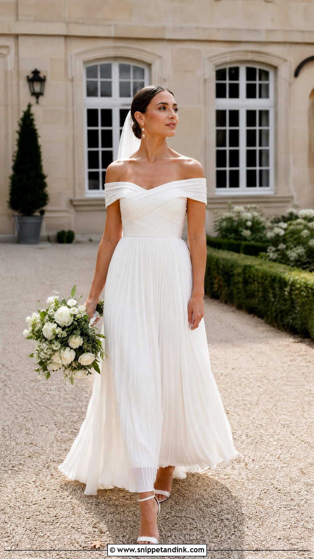 Pleated Off Shoulder Wedding Dress - Snippet and Ink - 25 Pleated Wedding Dress Ideas
