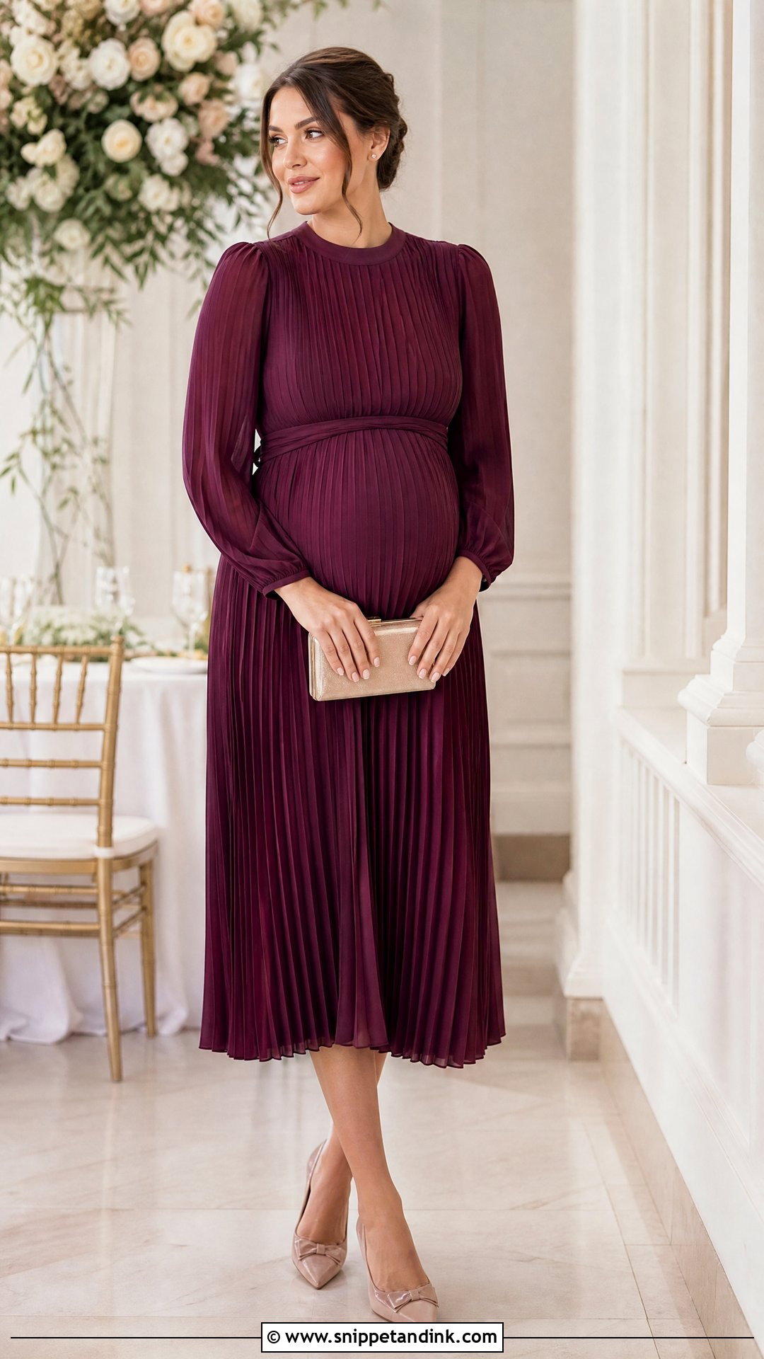 Pleated Postpartum Wedding Guest Dress With Kitten Heels - Snippet and Ink - 20 Postpartum Dresses for Wedding