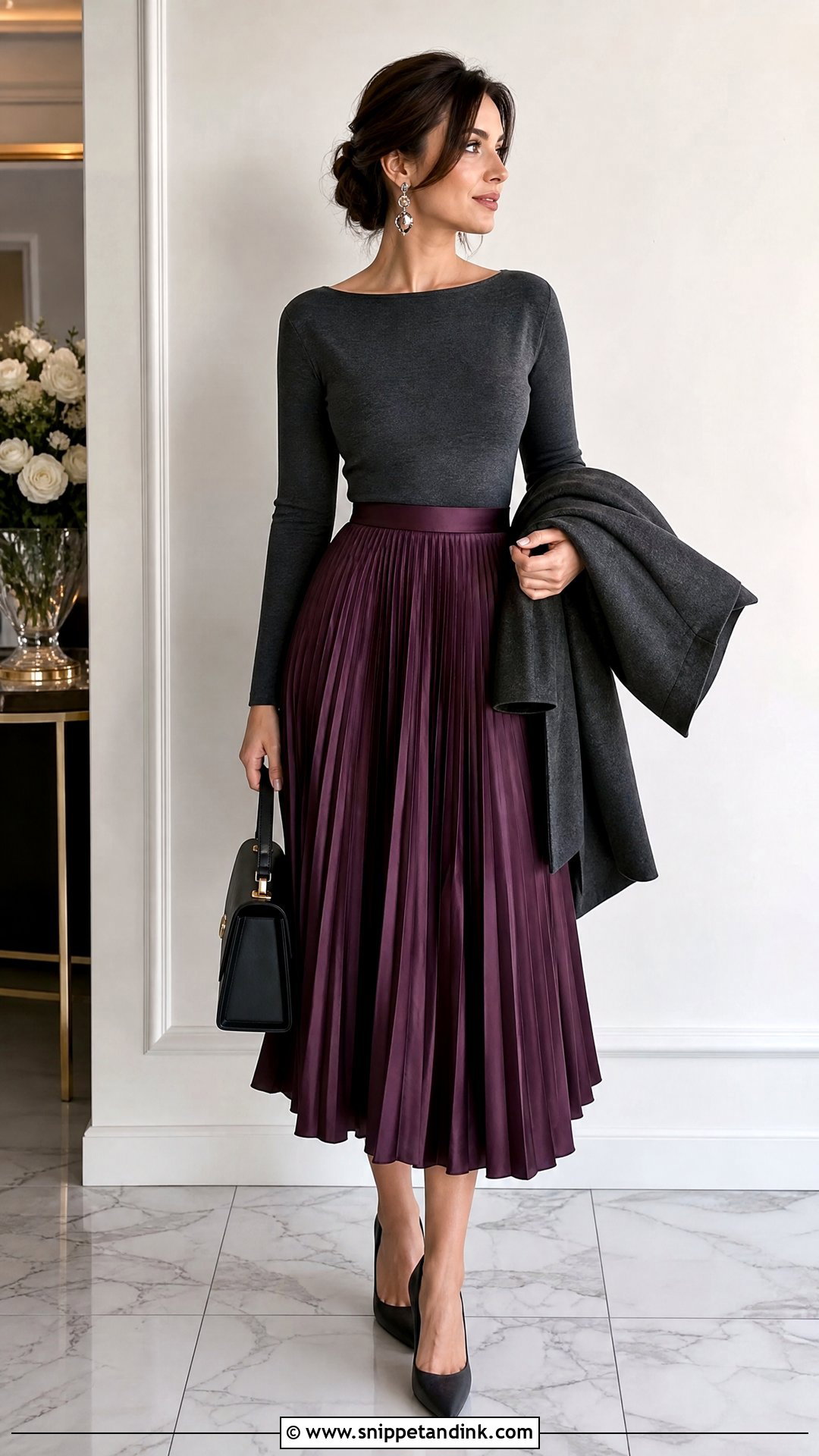 Pleated Satin Skirt With Boat Neck Knit Top - Snippet and Ink - 20 Satin Skirt Wedding Outfit Ideas