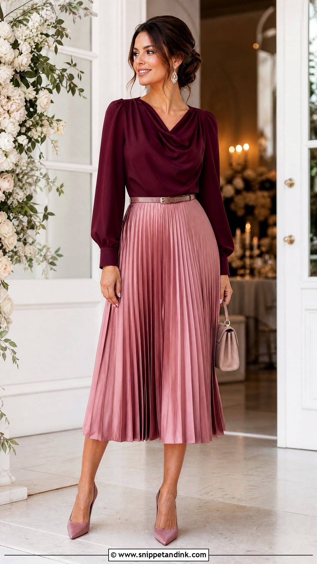 Pleated Skirt And Blouse Wedding Outfit - Snippet and Ink - 20 Wedding Party Wear Ideas