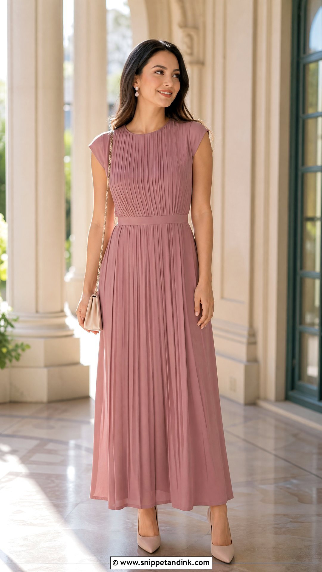 Pleated Straight Cut Gown With Round Neck - Snippet and Ink - 20 Straight Cut Gown Styles