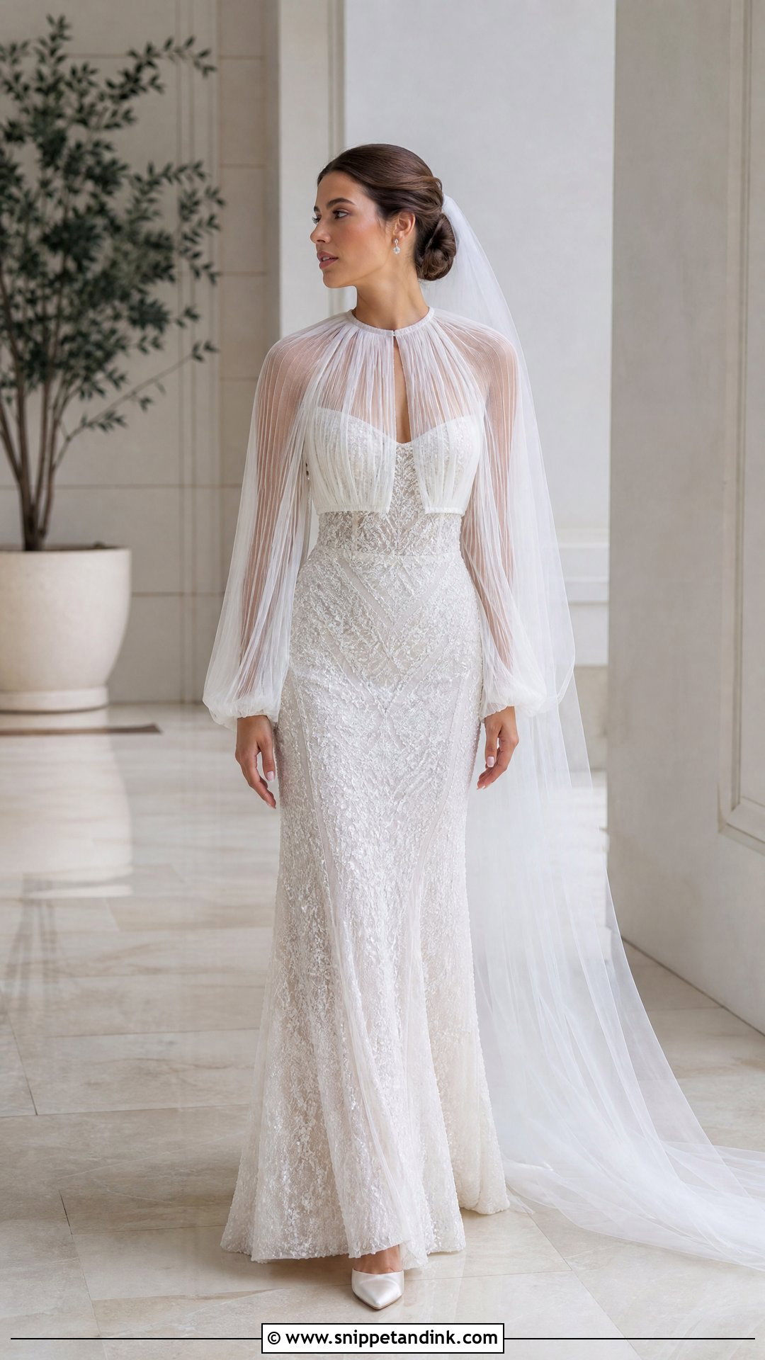 Pleated Tulle Bolero With Embellished Dress - Snippet and Ink - 20 Wedding Bolero Long Sleeve Ideas