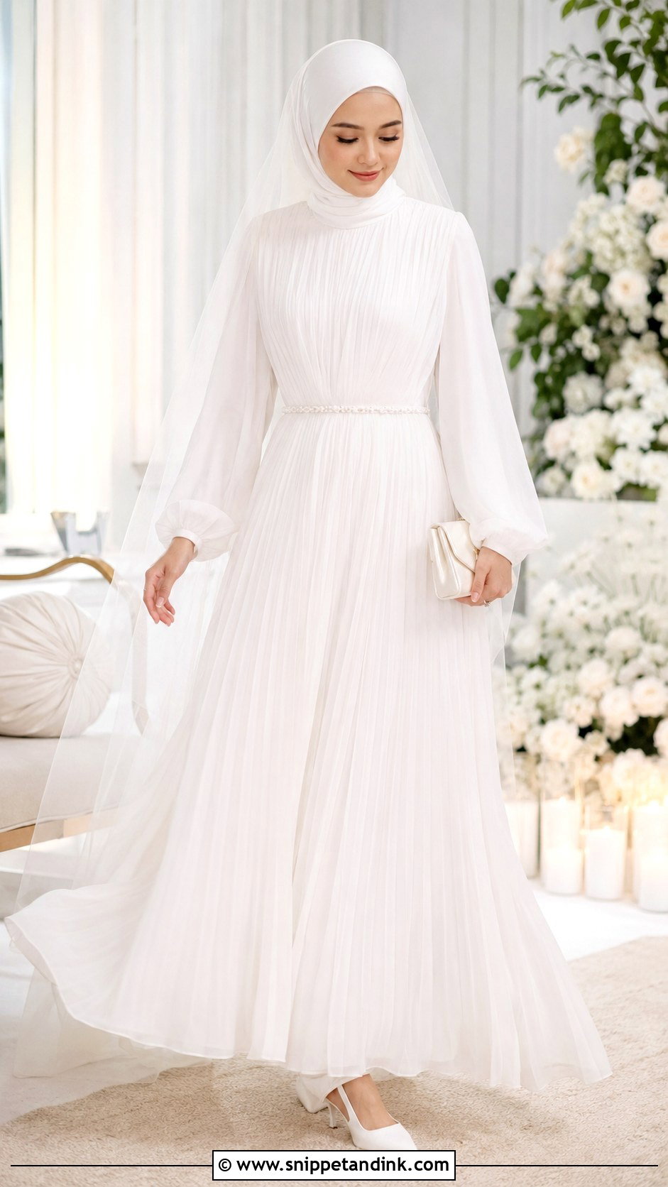 Pleated Wedding Dress With Bridal Hijab - Snippet and Ink - 20 Bridal with Hijab Ideas
