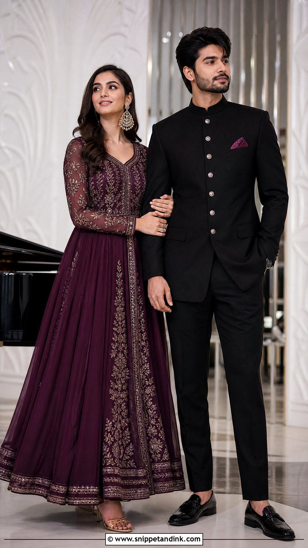 Plum Anarkali And Black Jodhpuri Sangeet Couple Outfit - Snippet and Ink - 25 Sangeet Couple Outfits
