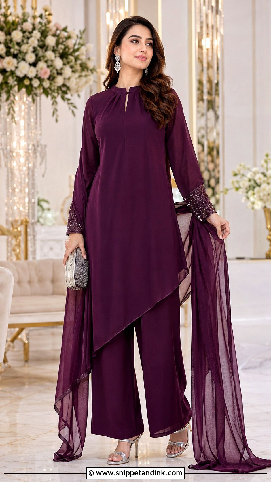 Plum Asymmetrical Long Shirt Palazzo Wedding Outfit - Snippet and Ink - 20 Long Shirt with Plazo Wedding Dress Ideas