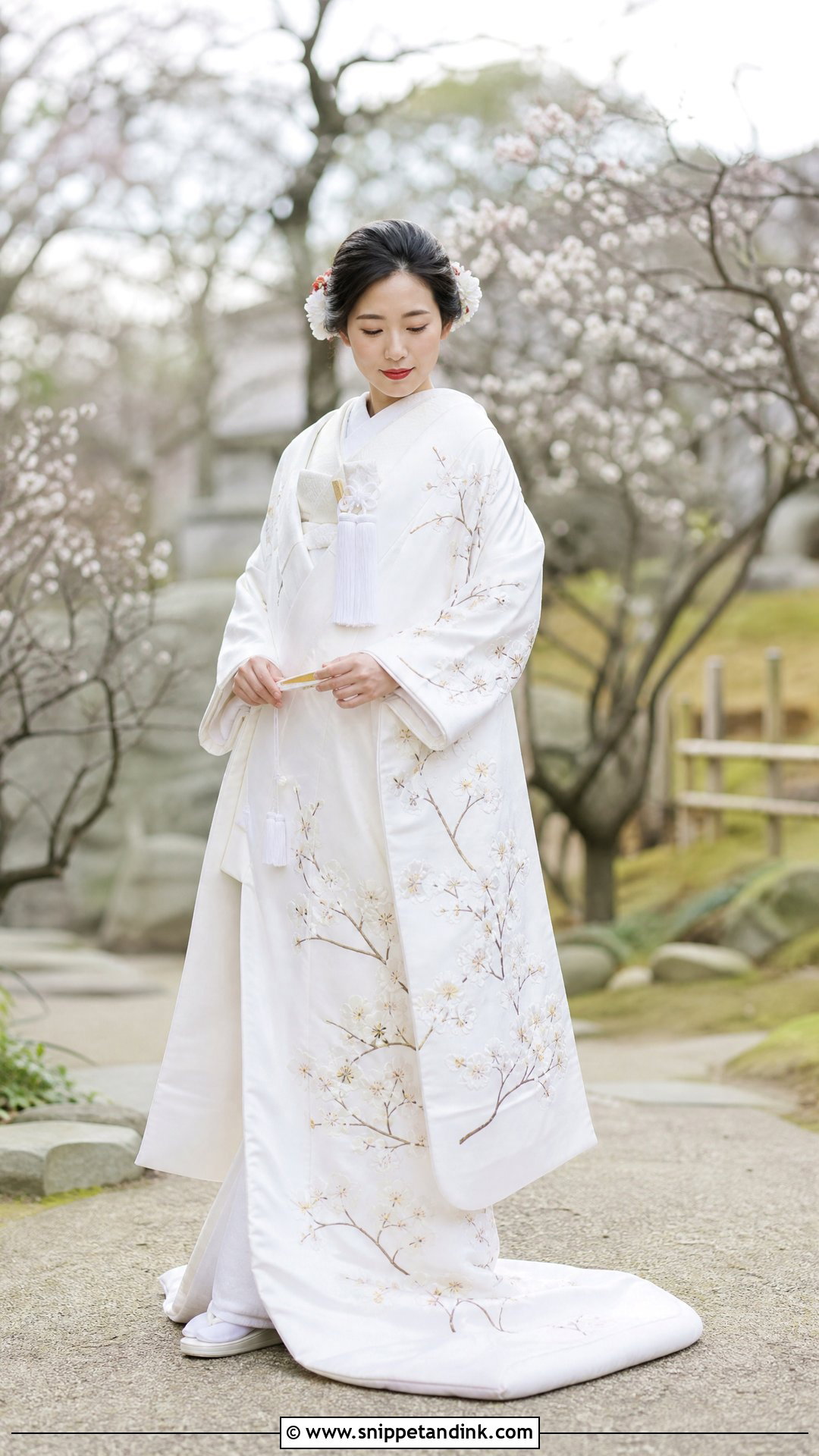 Plum Blossom Shiromuku With Red Lip - Snippet and Ink - 20 Shiromuku Wedding Kimono Ideas