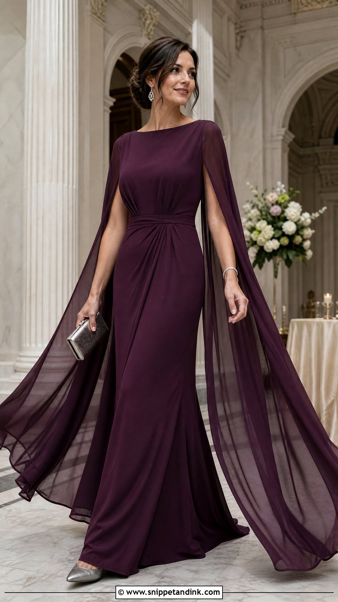 Plum Cape Sleeve Gown With Crystal Jewelry - Snippet and Ink - 20 Purple Dresses for Wedding
