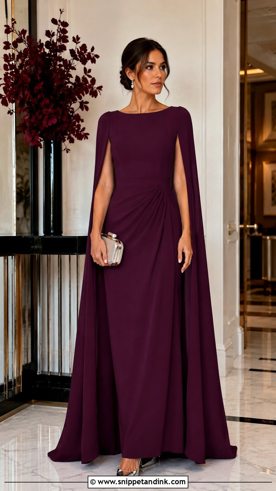 Plum Cape Sleeve Long Wedding Guest Dress With Pointed Heels - Snippet and Ink - 20 Long Dresses for Wedding