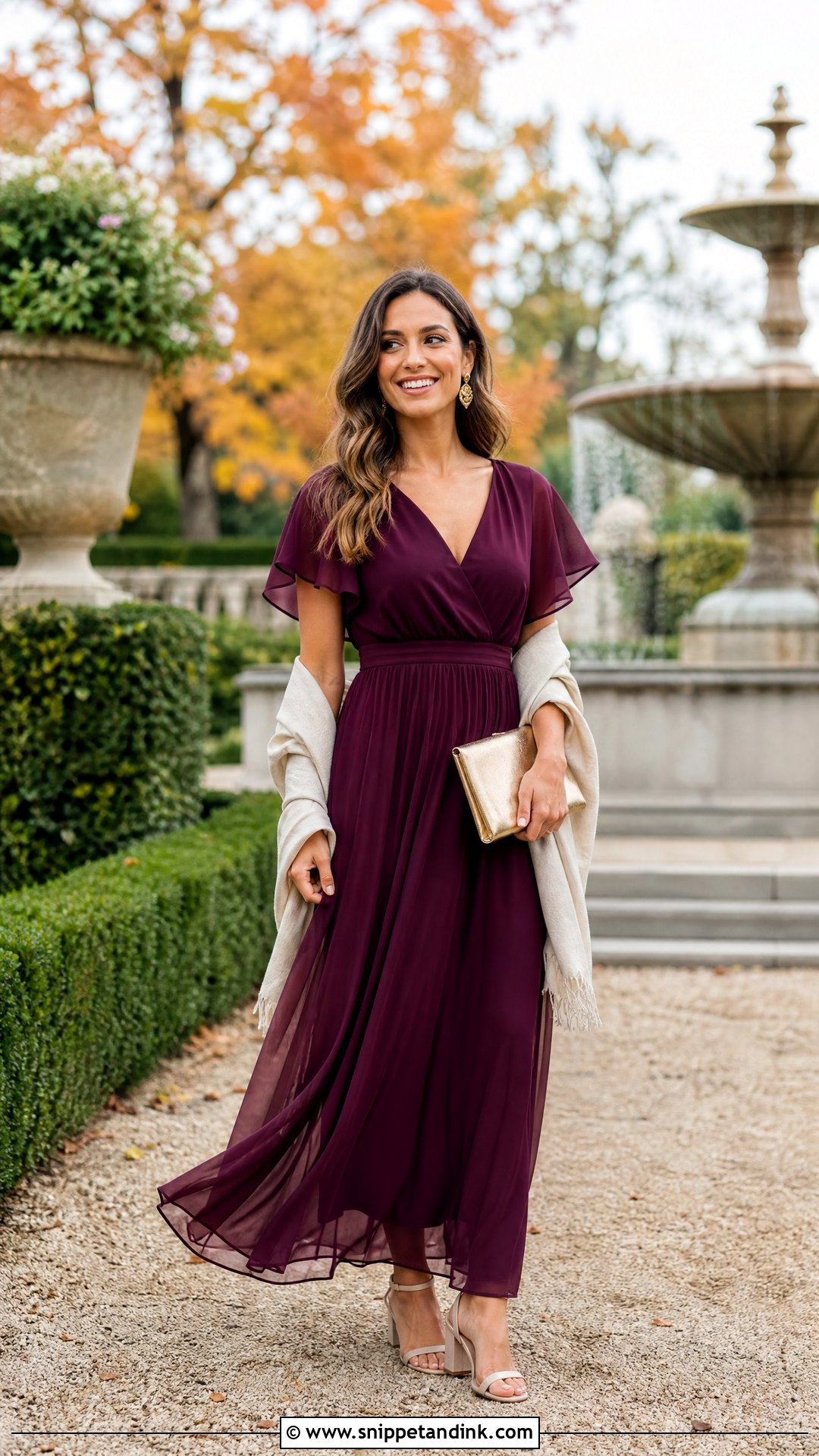 Plum Chiffon Maxi Dress With Gold Accessories - Snippet and Ink - 20 Purple Dresses for Wedding