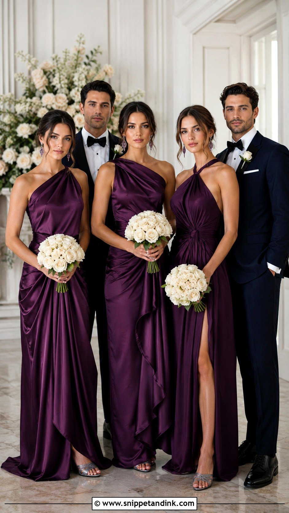 Plum Draped Gown Black Tie Bridal Party - Snippet and Ink - 20 Black Tie Bridal Party Ideas